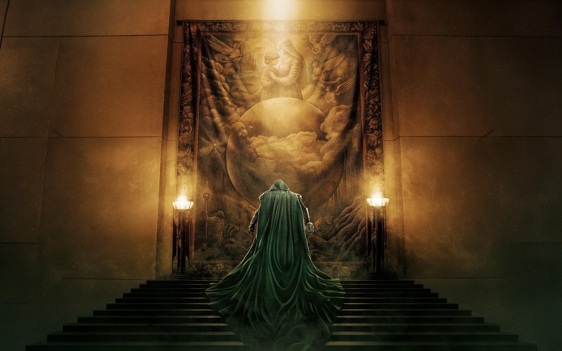 4K Ultra HD PC wallpaper: Doctor Doom in a green cloak ascends dark steps toward a glowing tapestry in a candlelit throne hall — Avengers: Doomsday movie scene.