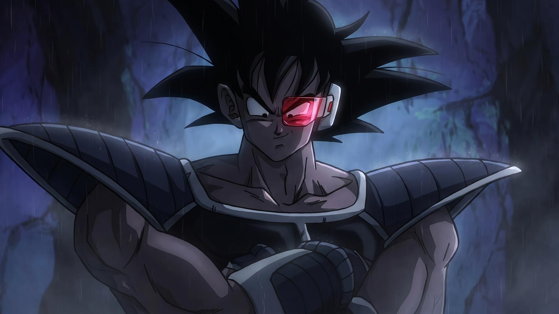 HD anime desktop wallpaper of Turles (Dragon Ball Z): stern, scouter-clad warrior in Saiyan armor, arms crossed, lit by an eerie blue cavern glow.