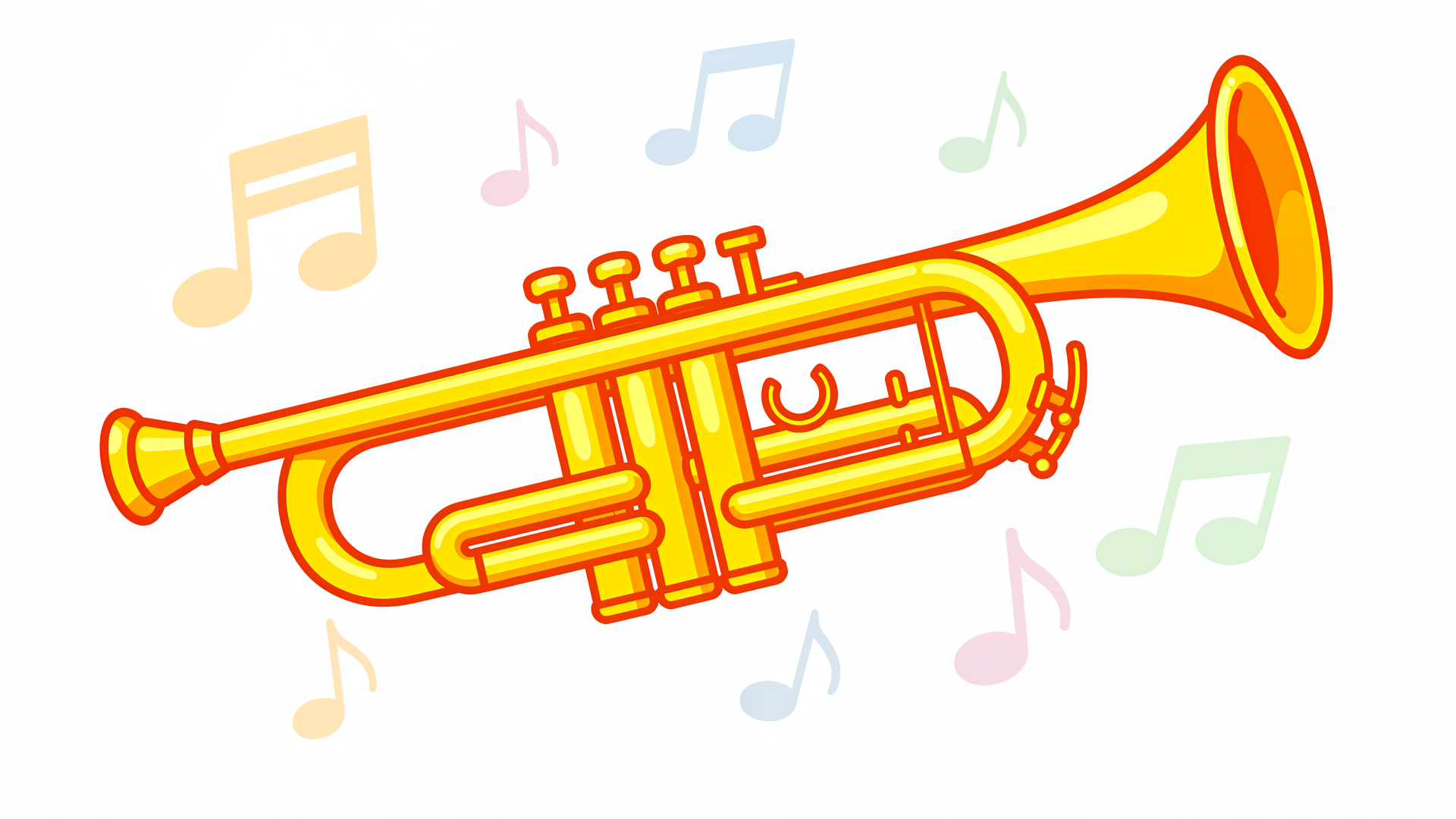 Vibrant cartoon trumpet with floating music notes; 4K Ultra HD PC desktop wallpaper and background.