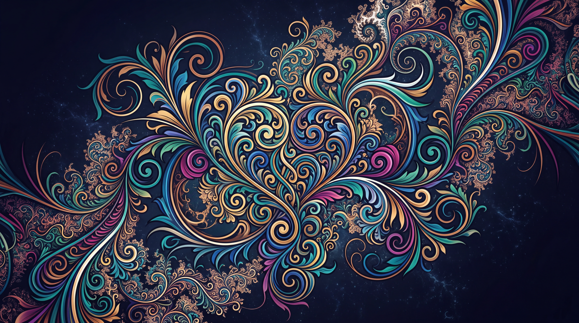 5K Ultra HD PC desktop wallpaper/background: colorful vector flourish of ornate swirling floral paisley vines on a dark textured background.