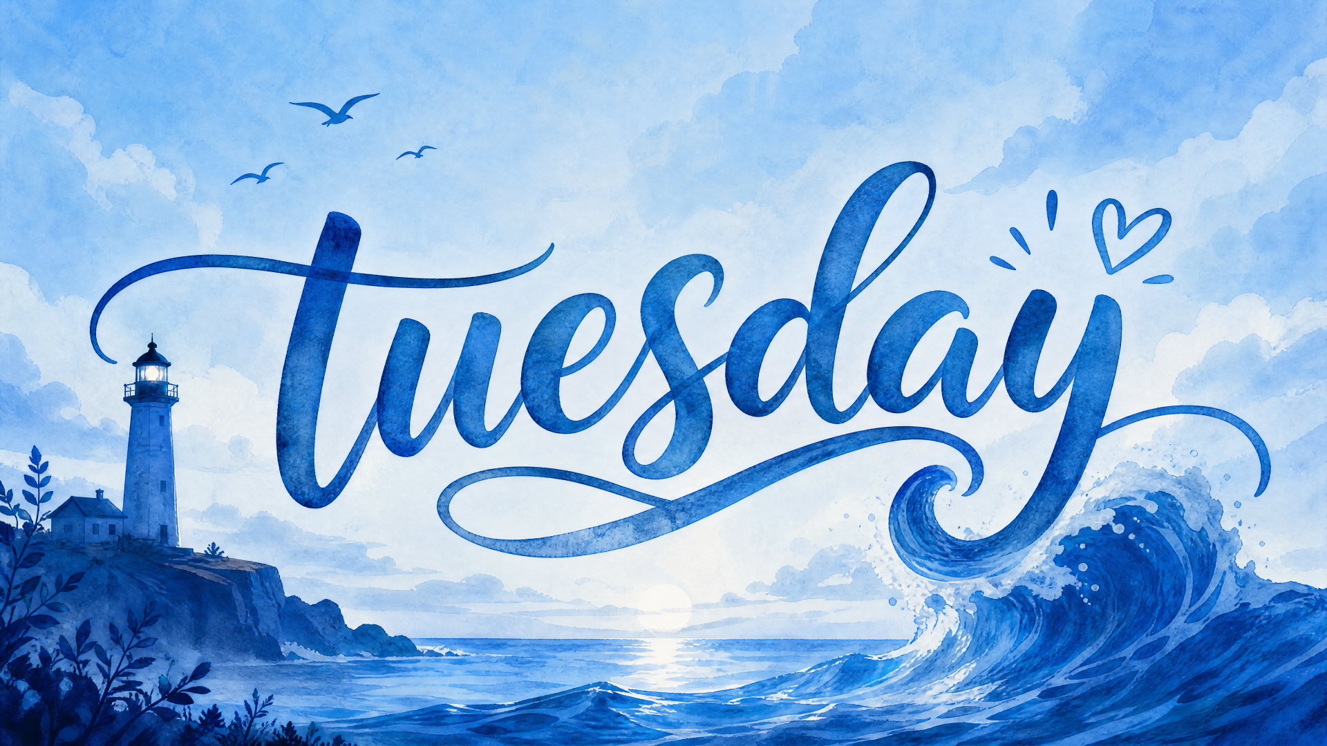 Blue watercolor seascape with lighthouse, crashing waves and seagulls, overlaid with hand-lettered Tuesday — 4K Ultra HD PC desktop wallpaper and background.