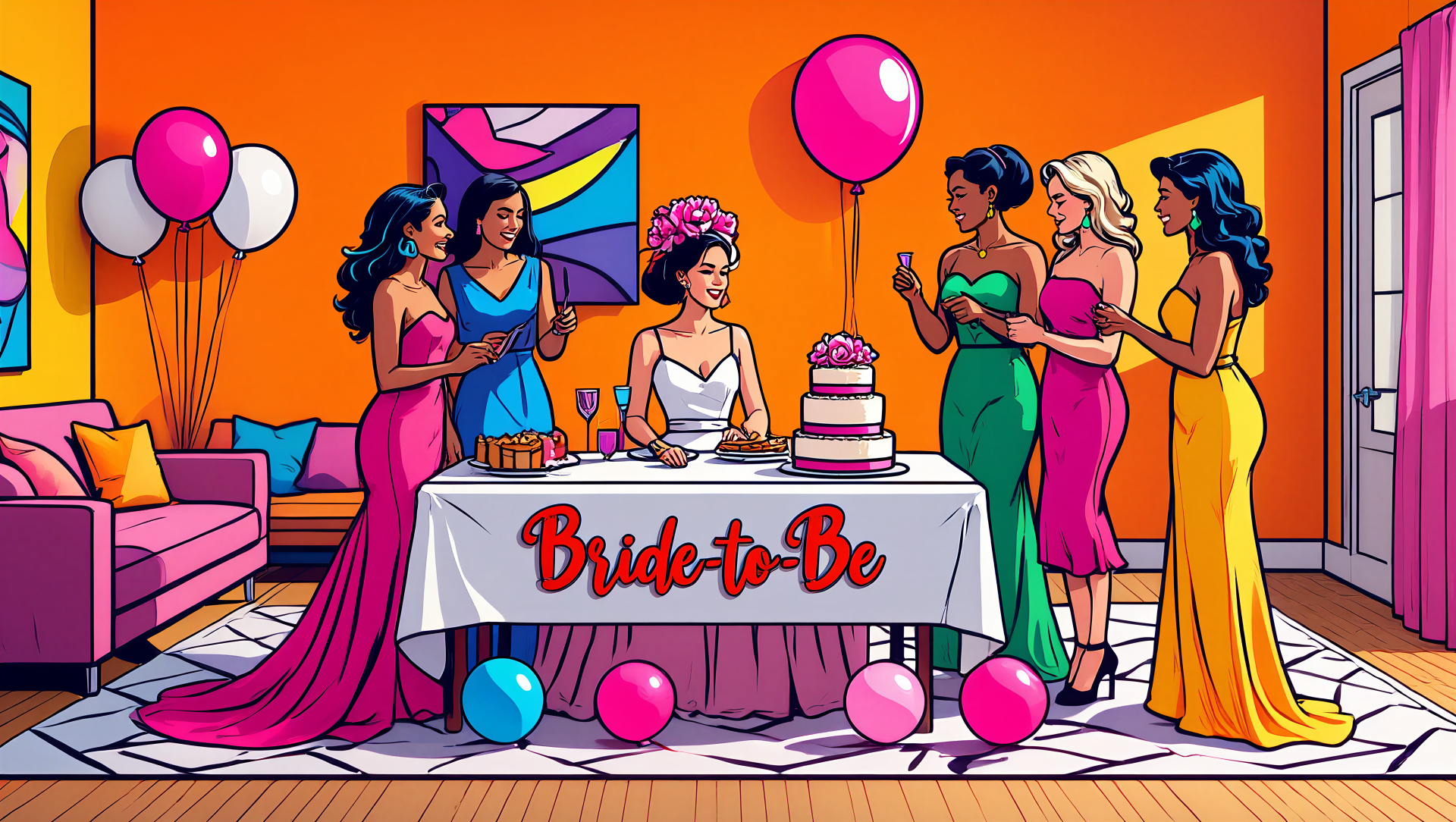5K Ultra HD PC Desktop Wallpaper and Background of a vibrant bridal shower: bride at a Bride-to-Be cake table surrounded by bridesmaids, balloons and bright party decor.
