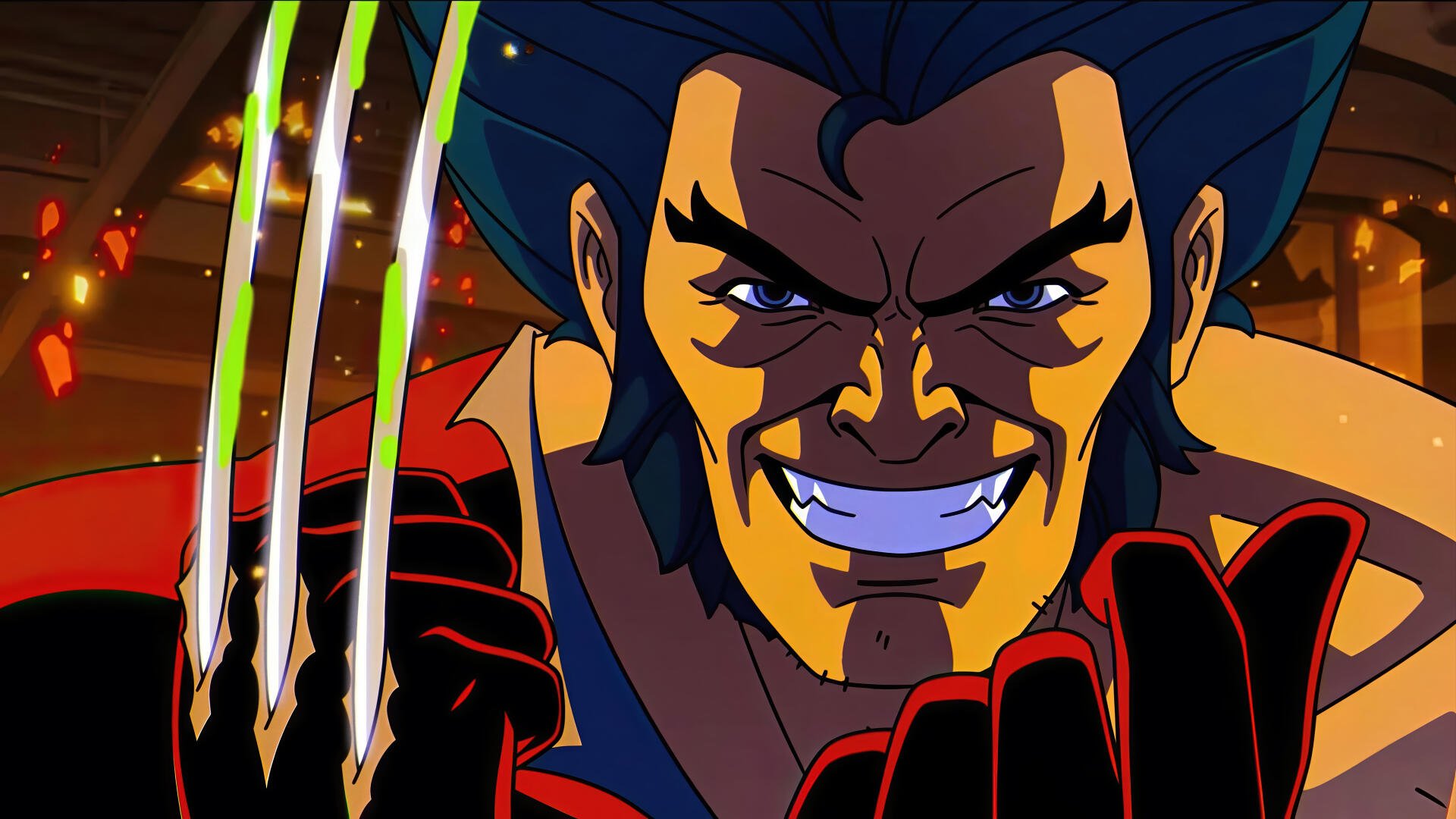 X-Men '97 4K Ultra HD PC desktop wallpaper: close-up of Wolverine grinning with claws extended, dramatic warm lighting and festive background.