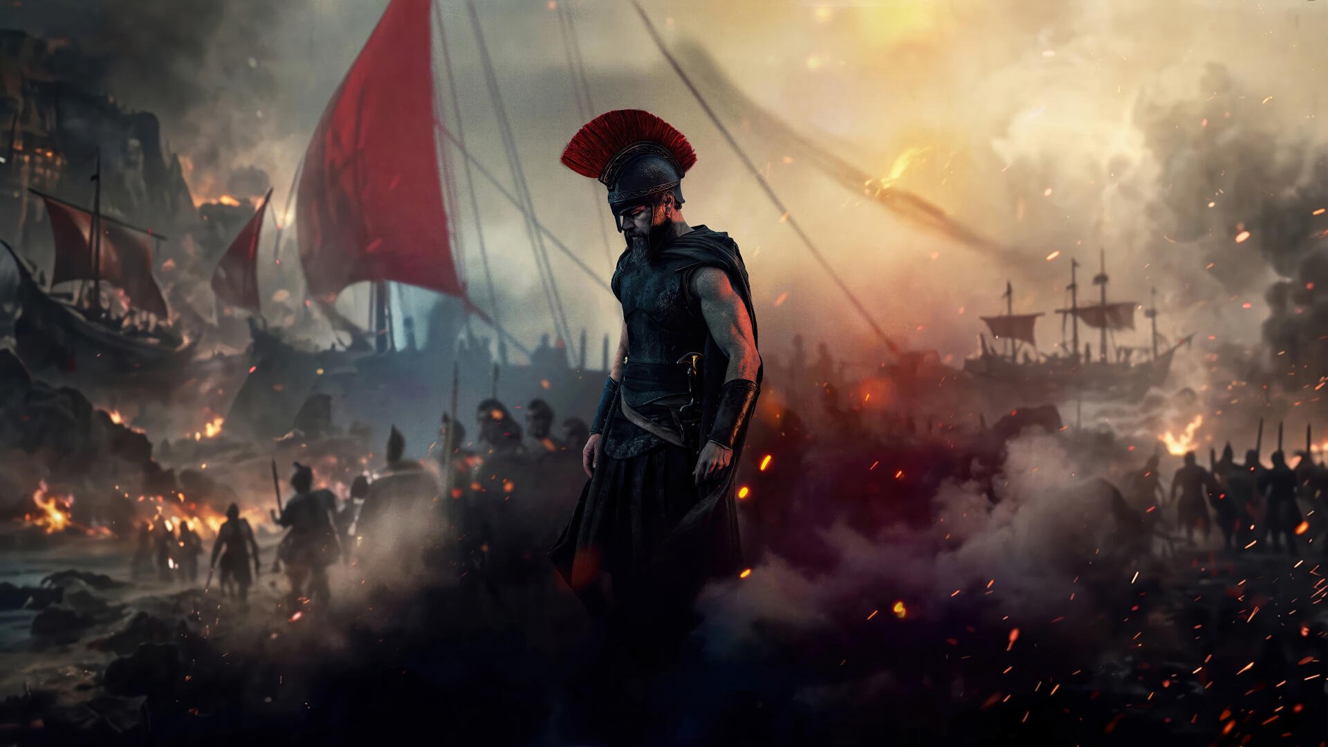 Heroic warrior stands before a burning battlefield and warships under a red sail; moody sunset smoke and embers — The Odyssey (2026) 4K Ultra HD PC Desktop Wallpaper and Background.