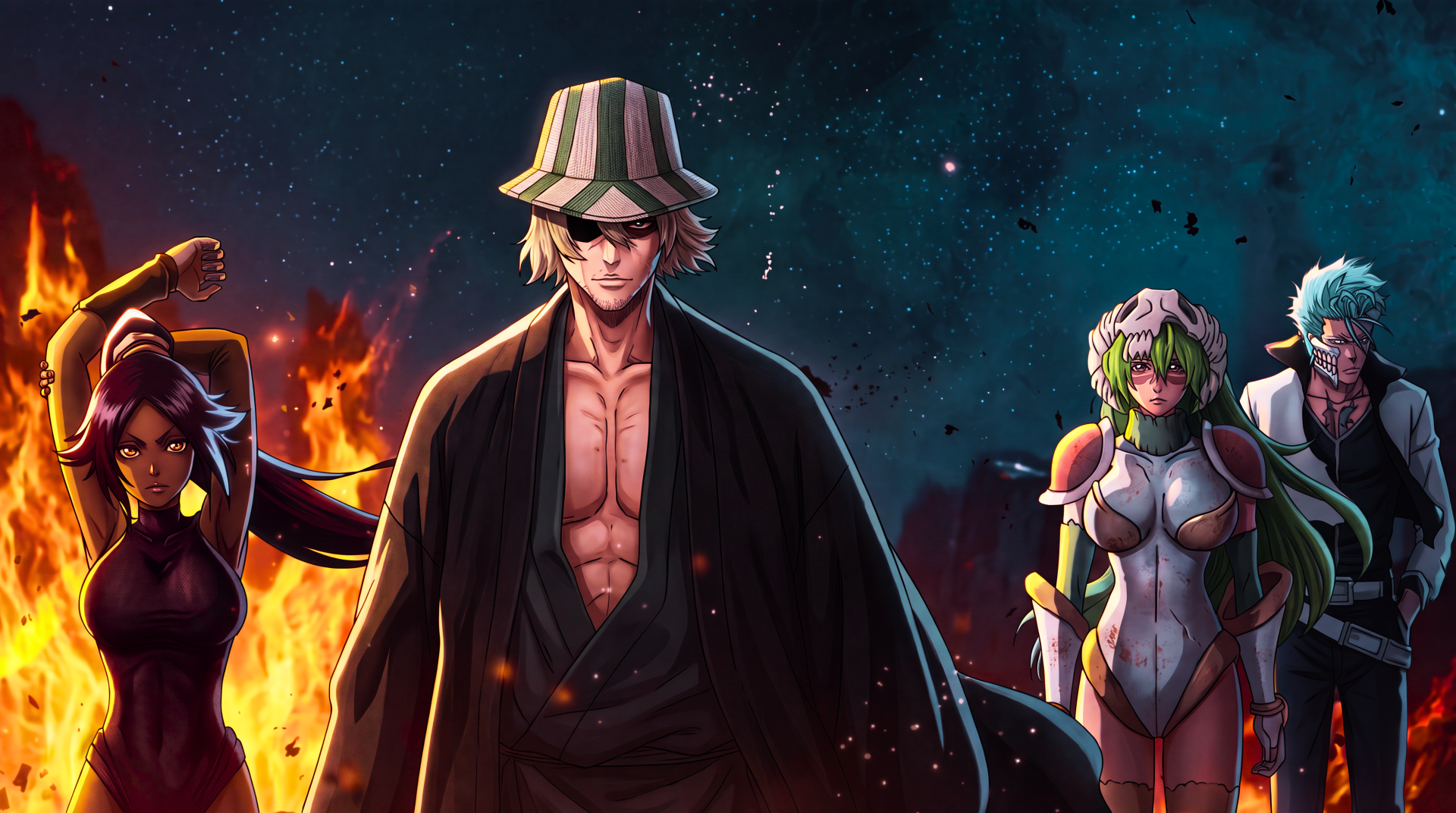 Bleach: Thousand-Year Blood War 5K Ultra HD PC wallpaper showing Kisuke Urahara center, flanked by Yoruichi Shihôin, Grimmjow Jaegerjaquez and Nelliel Tu Odelschwanck against a fiery night sky.