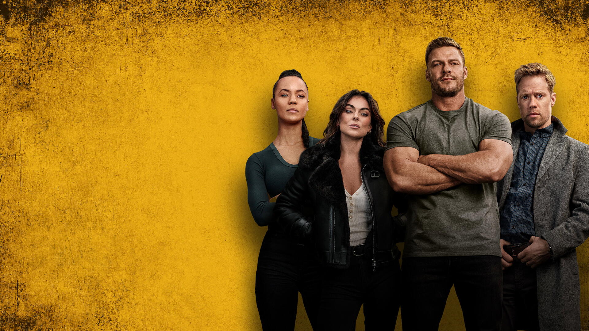 Reacher 4K Ultra HD PC desktop wallpaper: four characters stand defiantly against a textured yellow wall, a broad-shouldered man with crossed arms at the center.