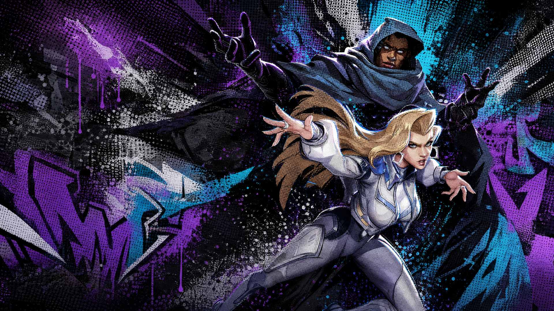 Marvel Rivals video game 4K Ultra HD PC desktop wallpaper: cloaked dark figure and armored blonde heroine launch forward amid graffiti-style purple and teal energy bursts.