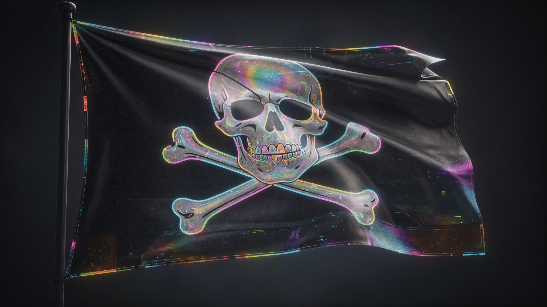 Holographic skull-and-crossbones pirate flag waving against a dark backdrop — 4K Ultra HD PC desktop wallpaper/background.