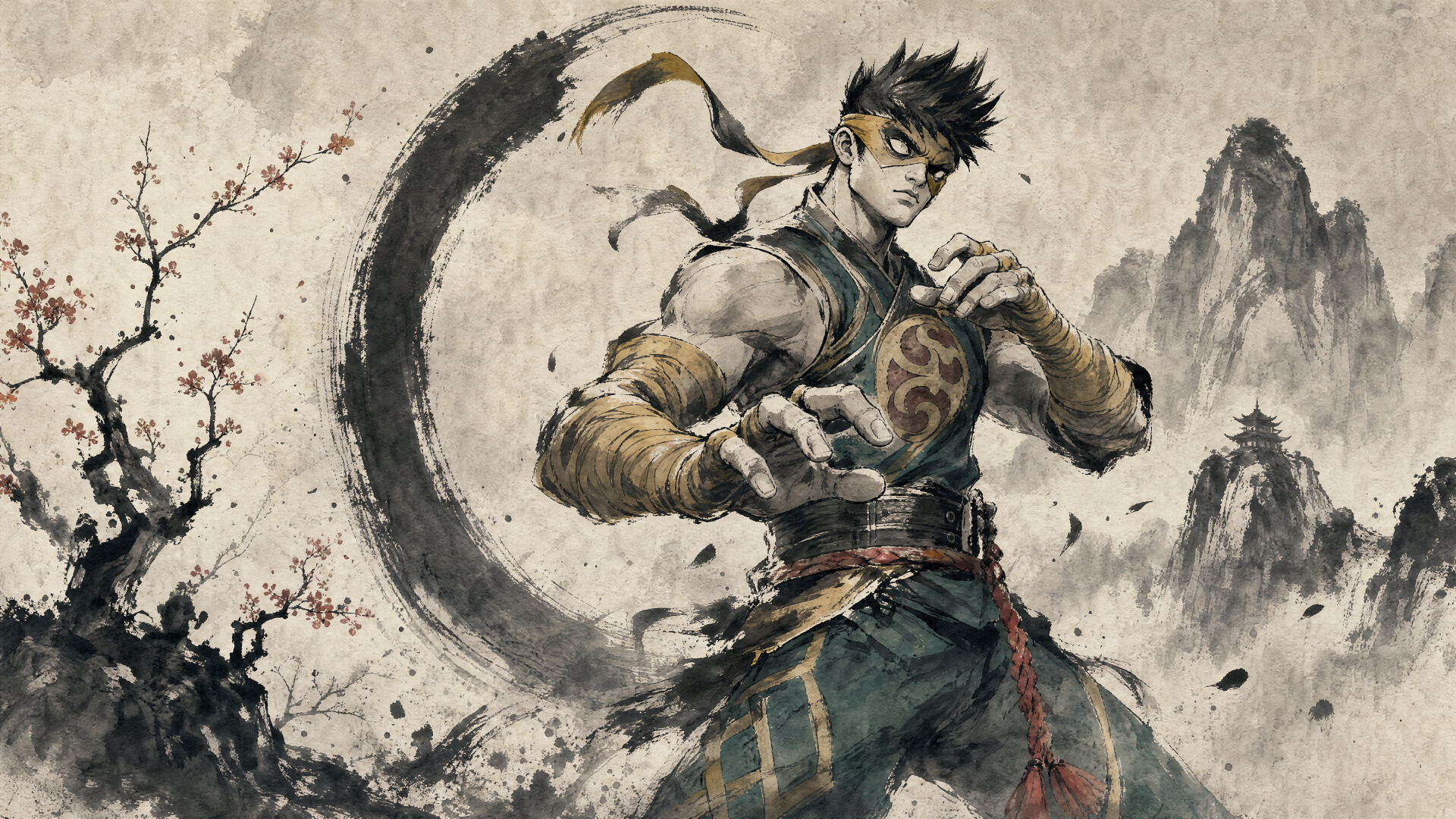 Ink-painted warrior before a crescent brushstroke moon and jagged peaks — Marvel Rivals 4K Ultra HD PC desktop wallpaper and background.
