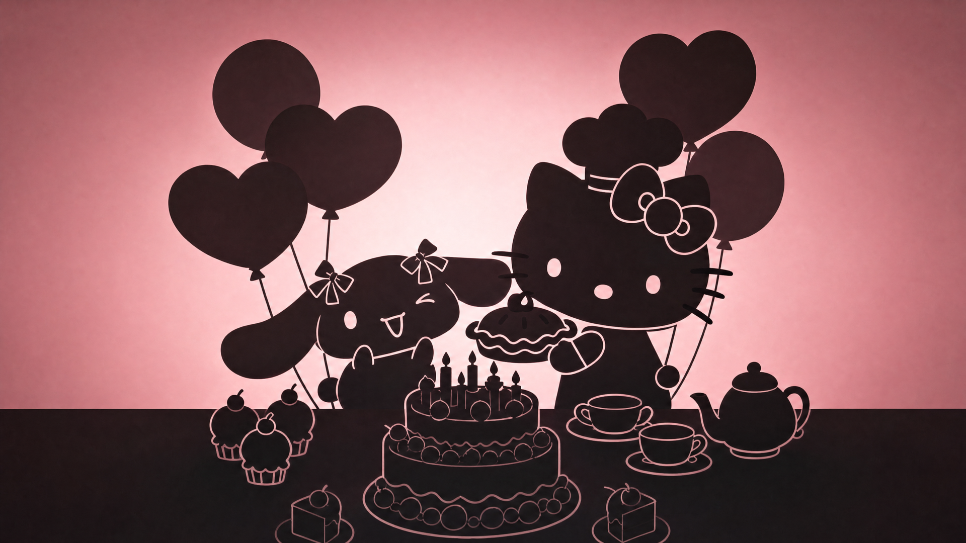 Lovelymocha 4K Ultra HD PC Desktop Wallpaper and Background — pink silhouette of Hello Kitty and a companion with heart balloons, birthday cake, cupcakes and a tea set.