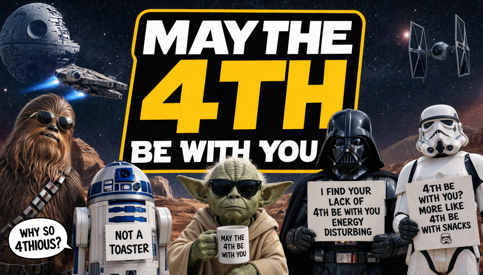 May the 4th 5K Ultra HD PC desktop wallpaper/background: Star Wars scene featuring Yoda, Darth Vader, Chewbacca, R2-D2, a stormtrooper, TIE fighters and the Death Star against a starfield.