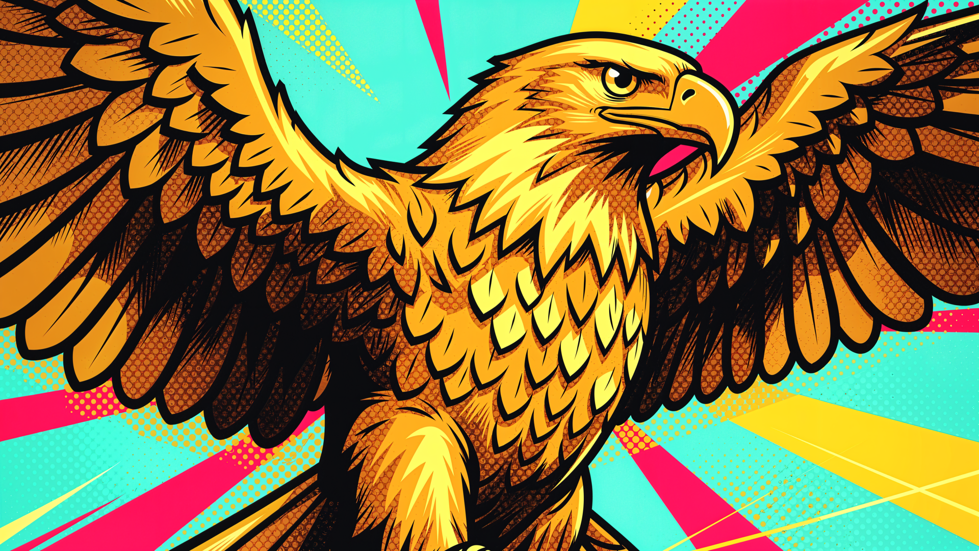 Bold pop-art golden eagle with outstretched wings over cyan, pink and yellow rays — 4K Ultra HD PC desktop wallpaper and background.