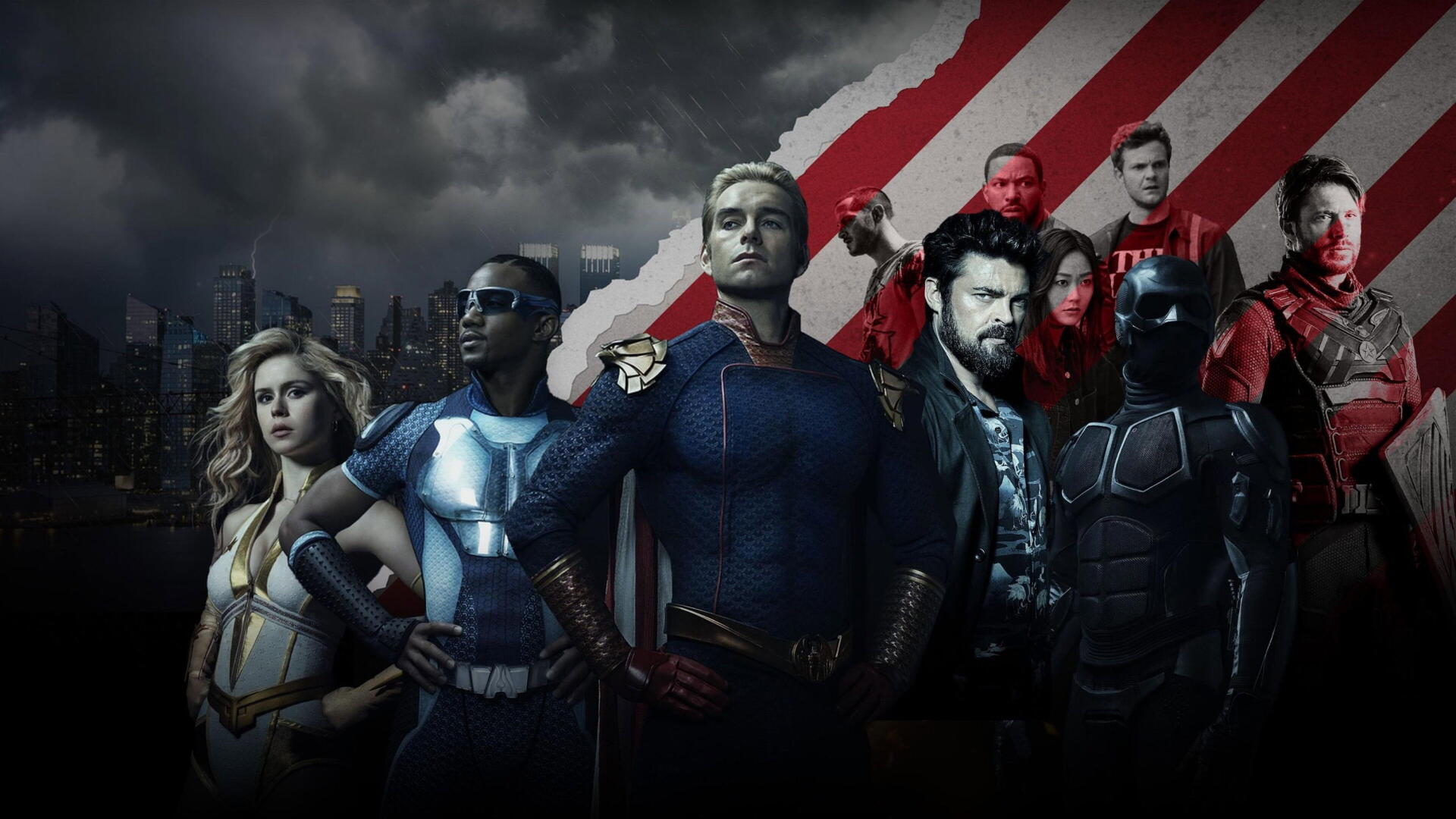 The Boys (2019) TV show 4K Ultra HD PC desktop wallpaper: main superhero ensemble—Homelander front and center, other supes flanking him against a stormy skyline and red-striped backdrop.