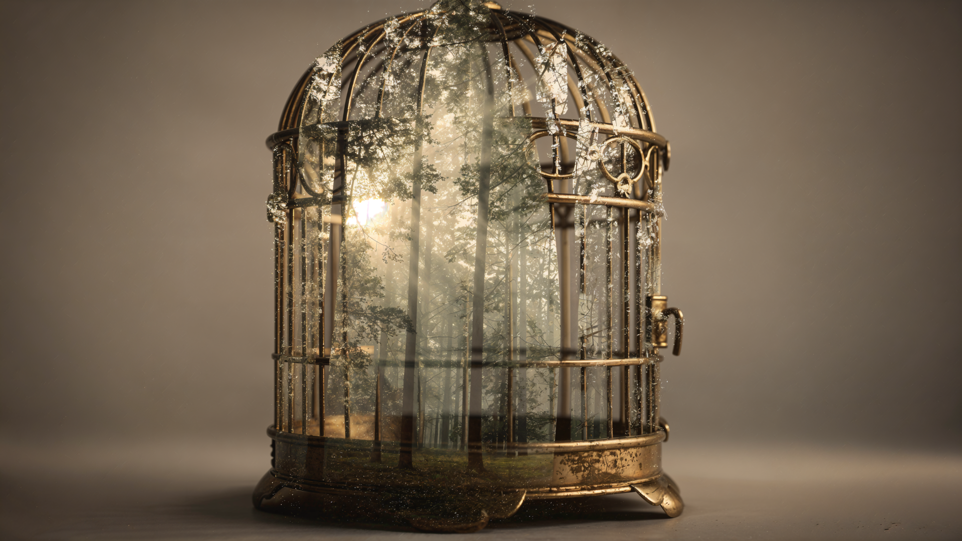 Ornate antique birdcage containing a misty miniature forest, sunlit trees visible through glass — 4K Ultra HD PC desktop wallpaper and background.