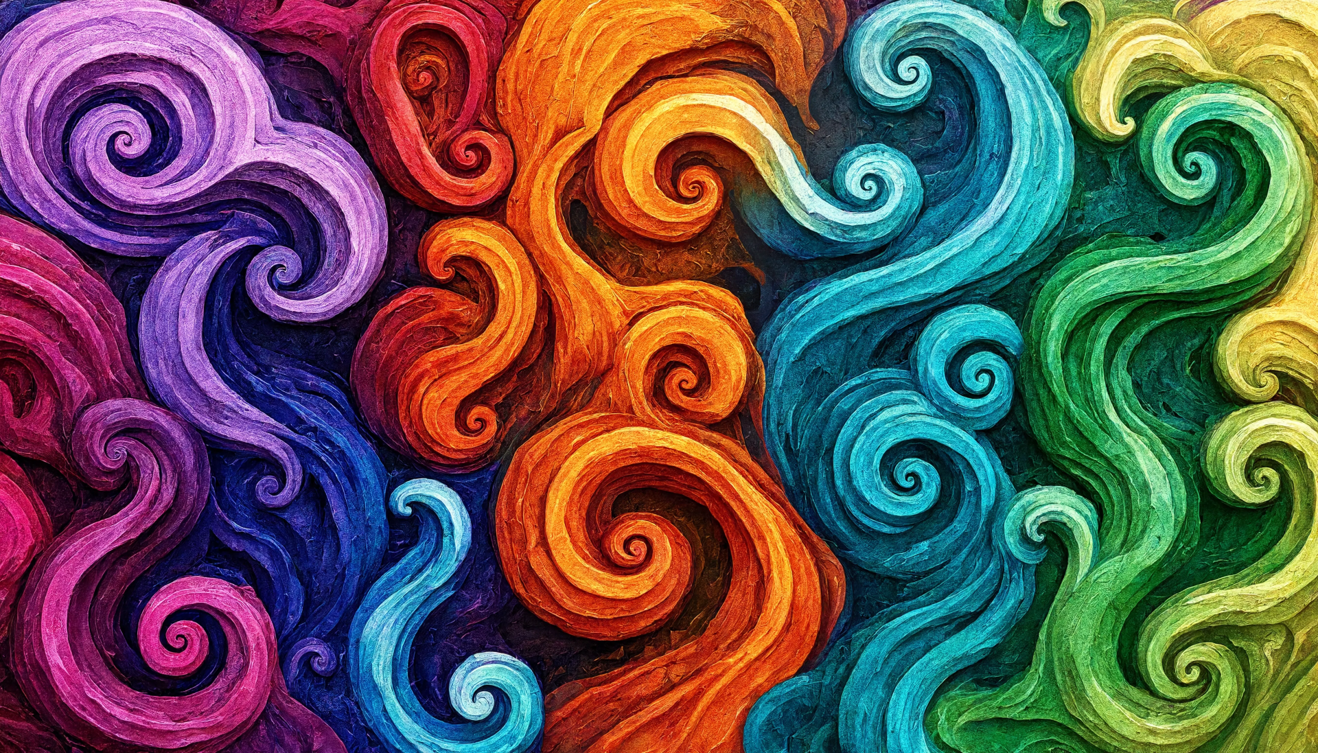 Abstract vibrant swirls of colorful smoke in rainbow hues — 5K Ultra HD PC desktop wallpaper and background.