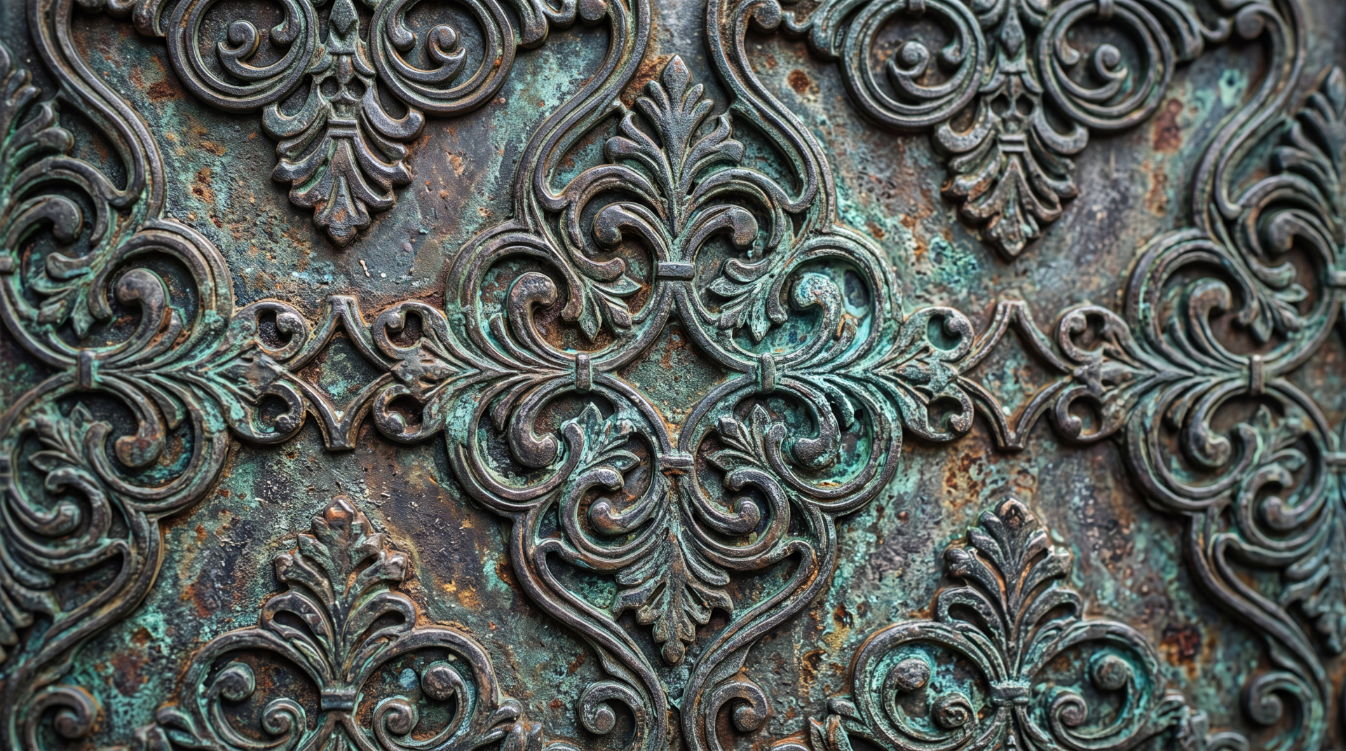 5K Ultra HD PC desktop wallpaper & background — close-up vintage ornamental metal pattern with green patina, rust and intricate scrollwork.