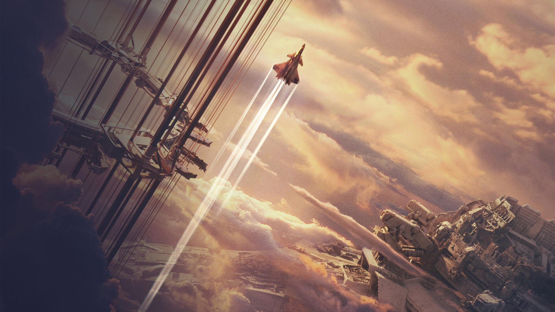 The Wandering Earth — 4K Ultra HD PC desktop wallpaper showing a rocket streaking past tilted skyscrapers and colossal structures beneath dramatic golden clouds.