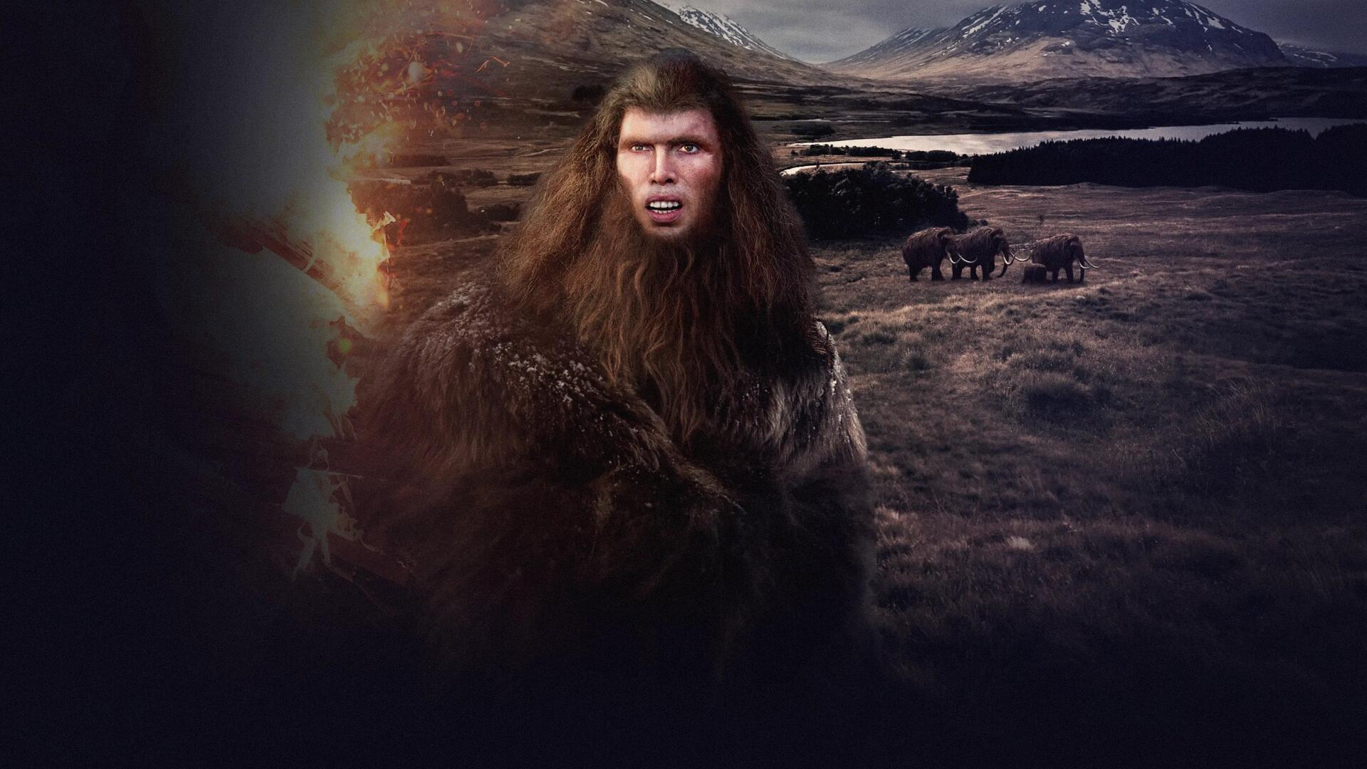 Quest for Fire 4K Ultra HD PC desktop wallpaper and background: snarling prehistoric human in furs by a glowing flame, tundra with mammoths and distant snow-capped mountains.