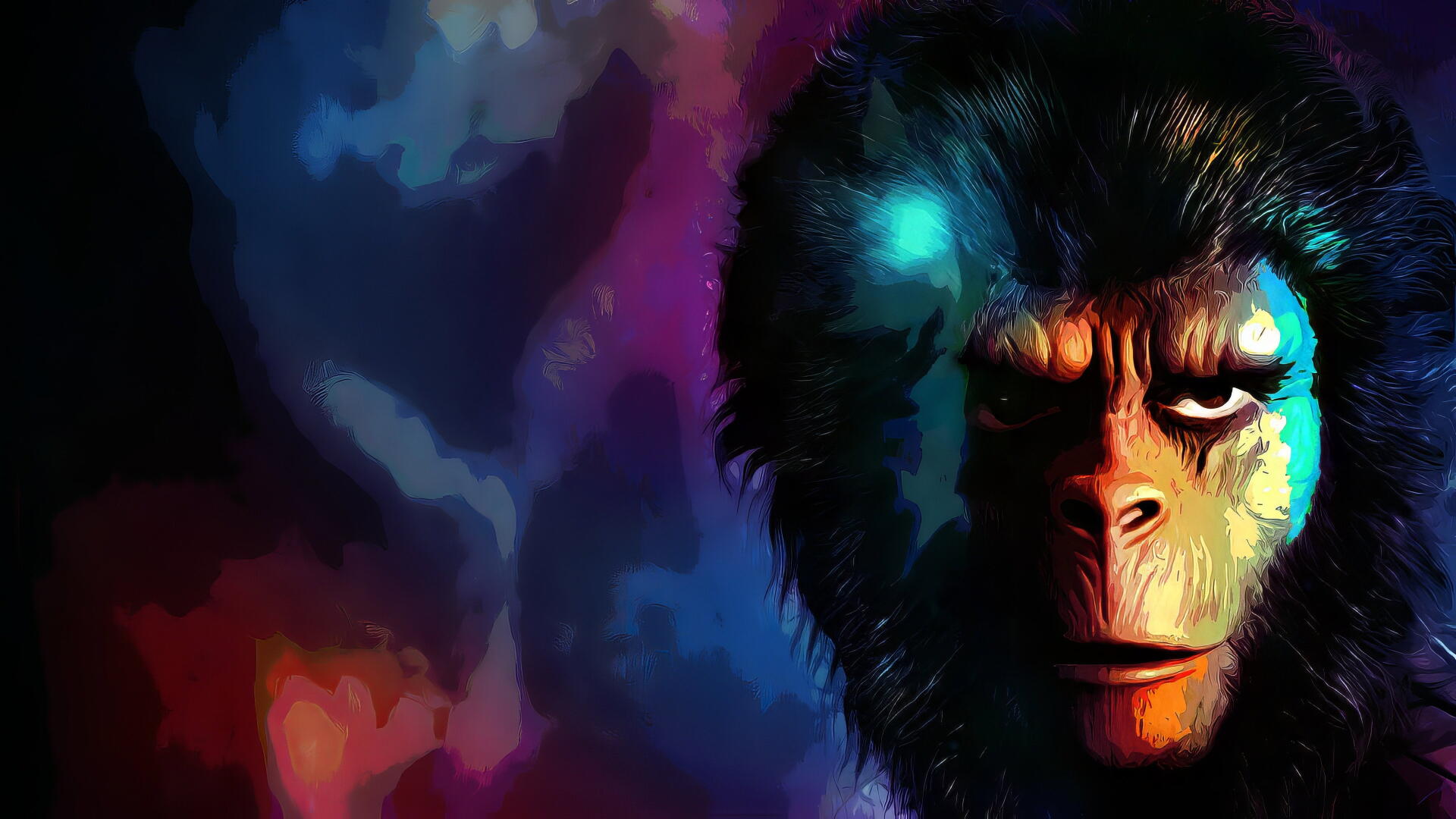 Planet of the Apes 4K Ultra HD PC desktop wallpaper: dramatic close-up of a stern ape face, lit by blue and red nebula-like colors.