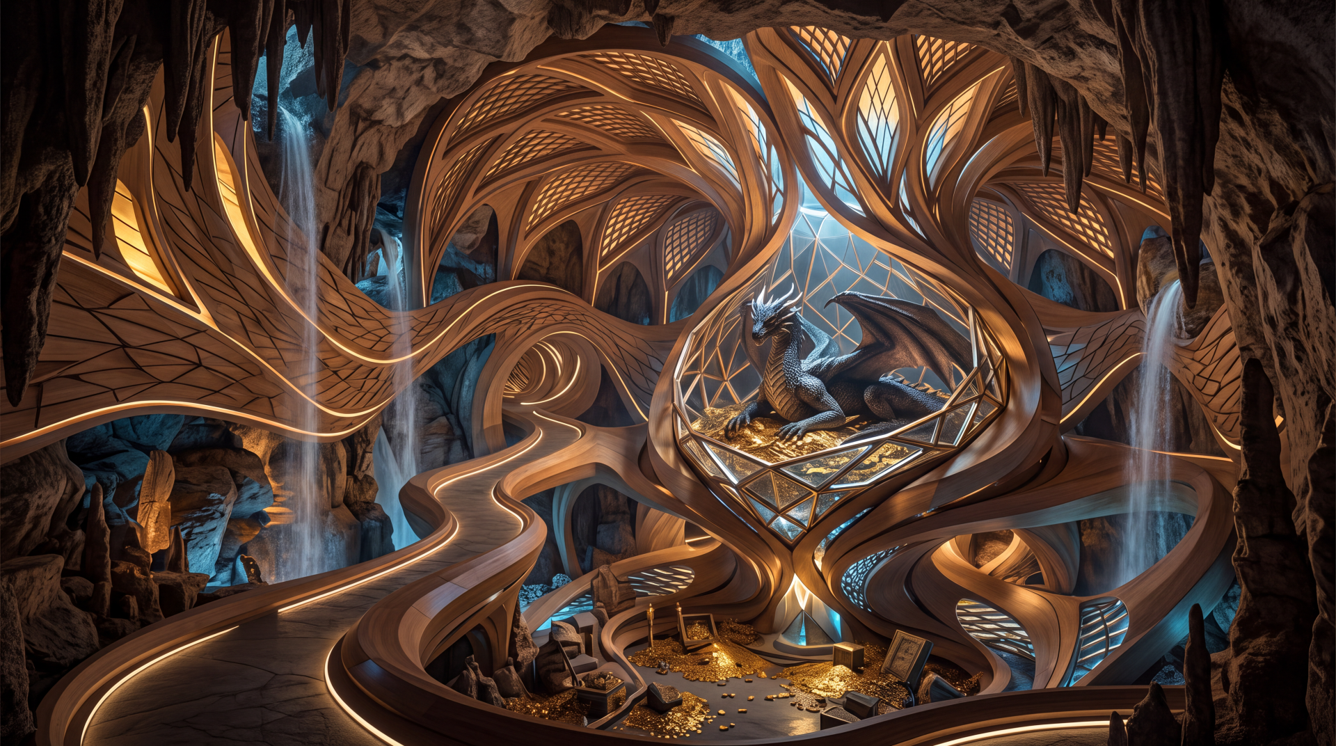 5K Ultra HD PC desktop wallpaper of an ornate dragon lair: vaulted cavern with winding wooden architecture, glowing blue crystals and glittering piles of golden treasure.