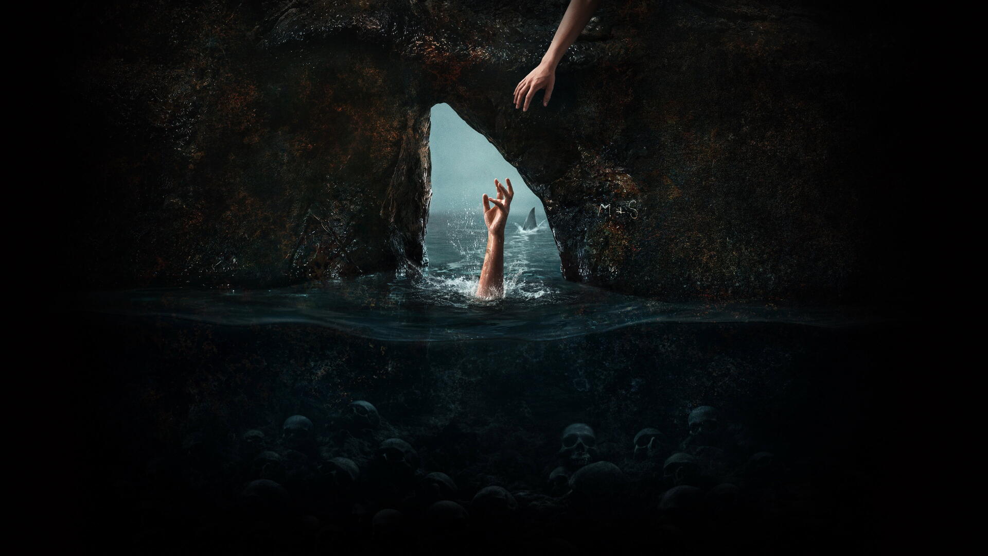 The Devil's Mouth — 4K Ultra HD PC desktop wallpaper: dark sea cave shaped like a gaping mouth, a drowning hand reaches up through churning water toward a hand extending from the cave rim.