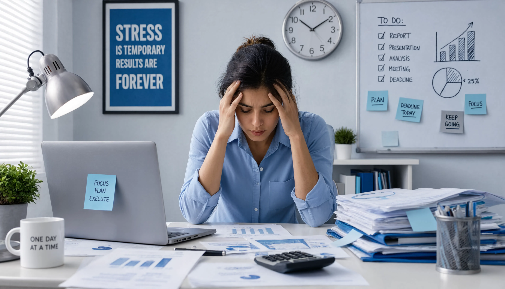 Workplace stress - 5K Ultra HD PC desktop wallpaper and background: a stressed office worker holding her head at a cluttered desk surrounded by papers, charts, clock and a motivational poster.