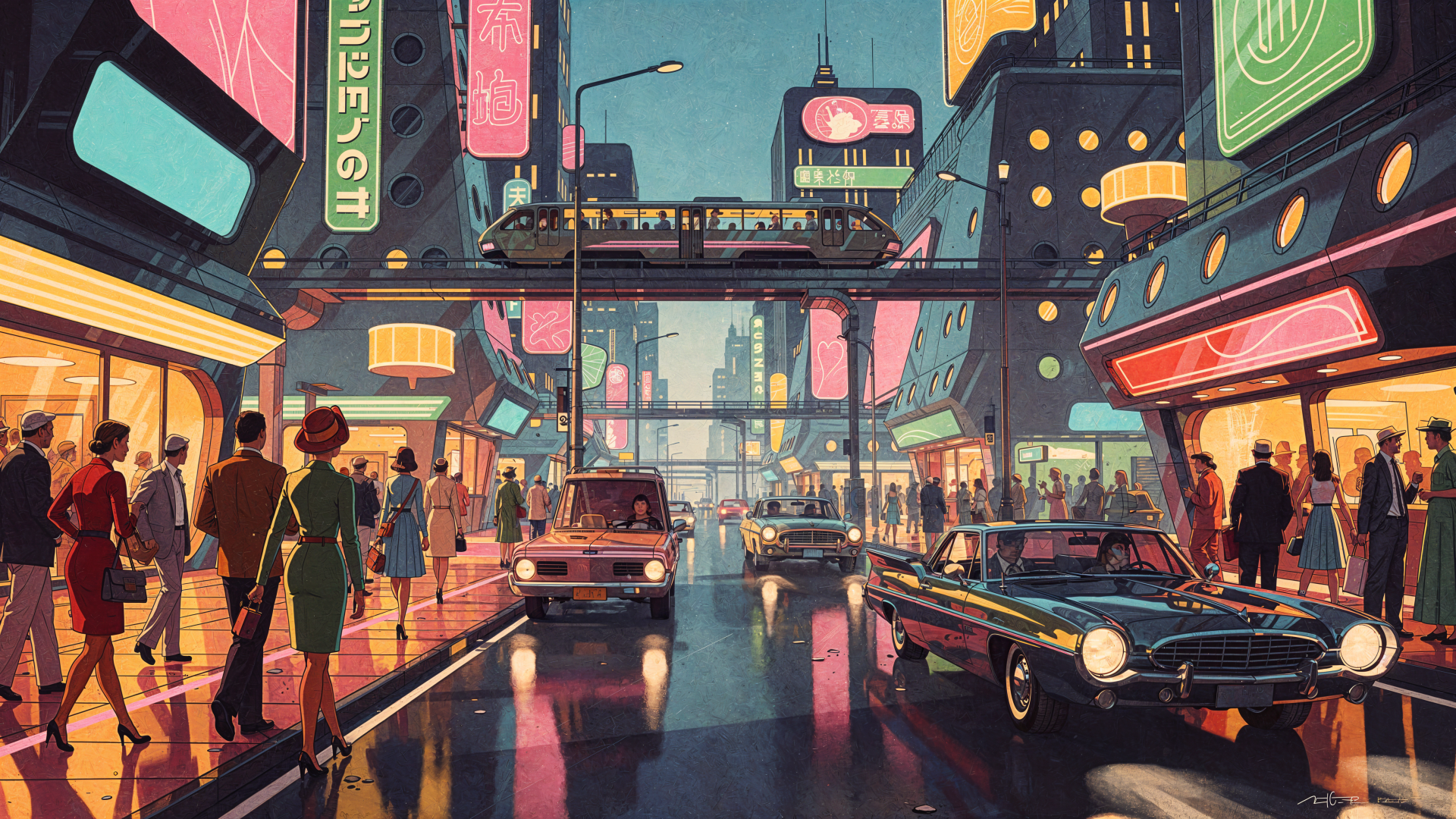 Vibrant neon-lit street scene at dusk, retro cars and crowds beneath an elevated train; 4K Ultra HD PC desktop wallpaper and background.