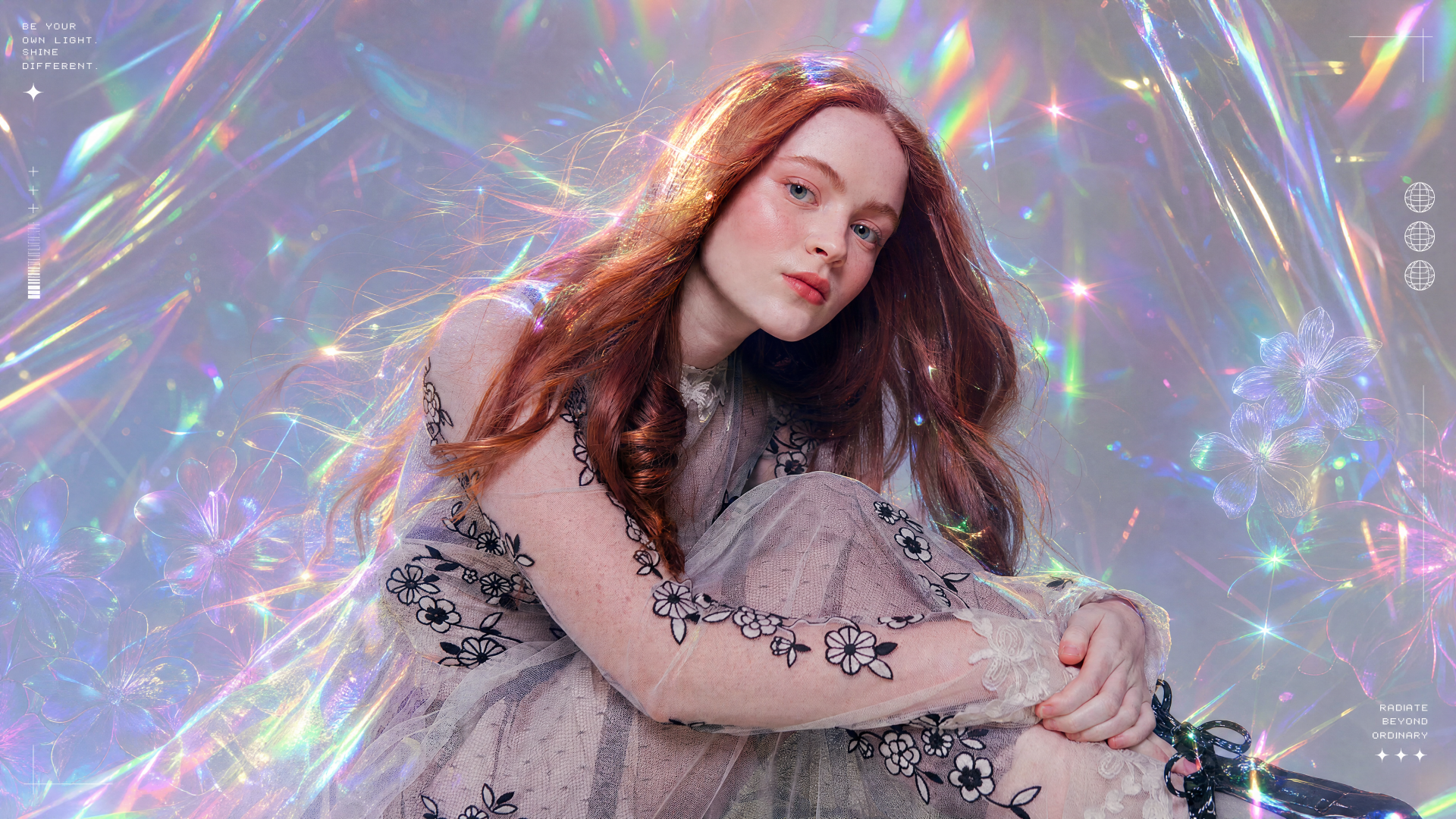I don't know who this is. Alt: 4K Ultra HD PC desktop wallpaper — red-haired woman in a sheer floral dress seated against an iridescent, prismatic backdrop, contemplative expression.
