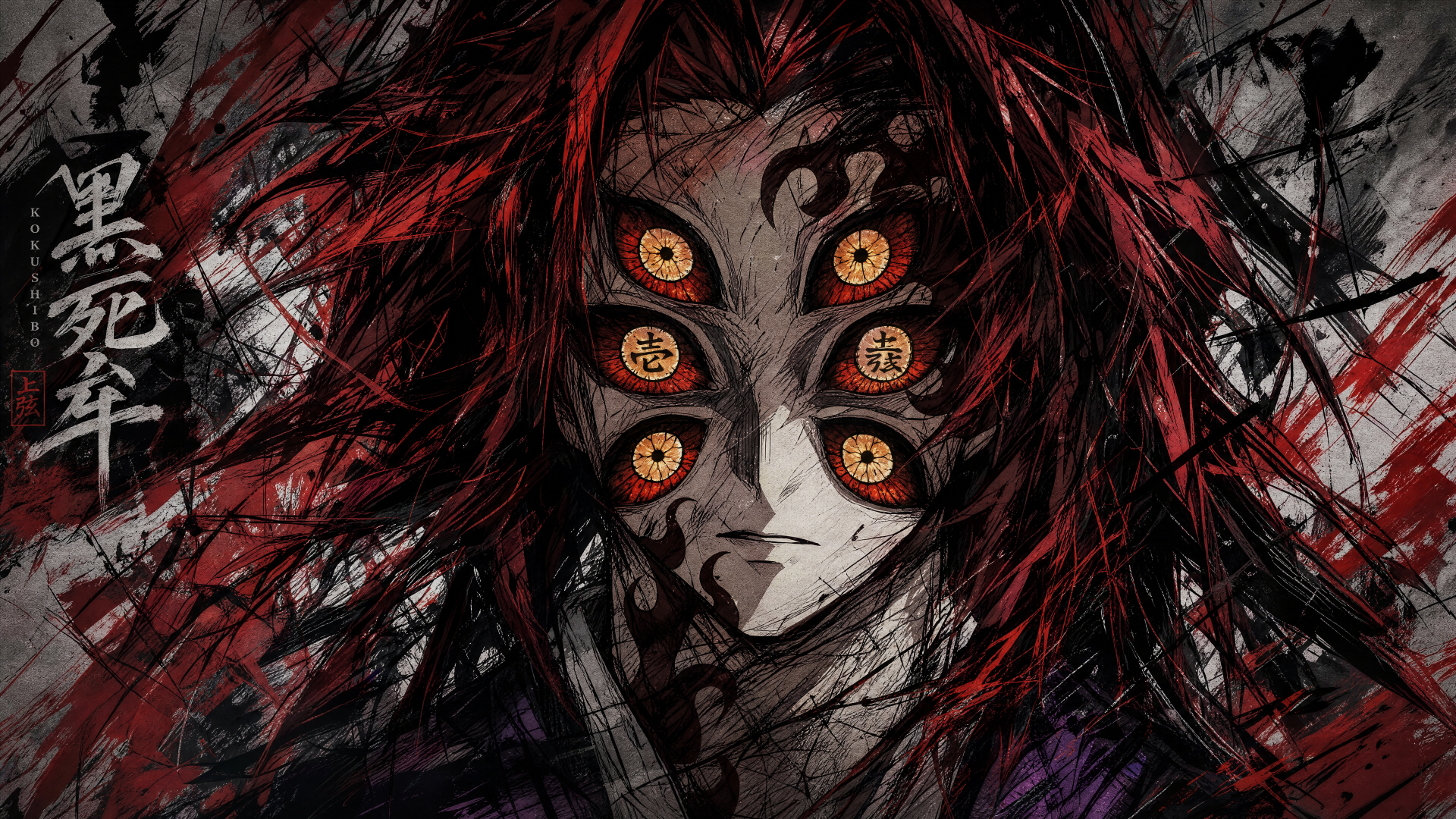 Kokushibo (Demon Slayer) demon with six golden eyes, wild crimson hair and dark inked markings — intense 4K Ultra HD PC desktop wallpaper background.