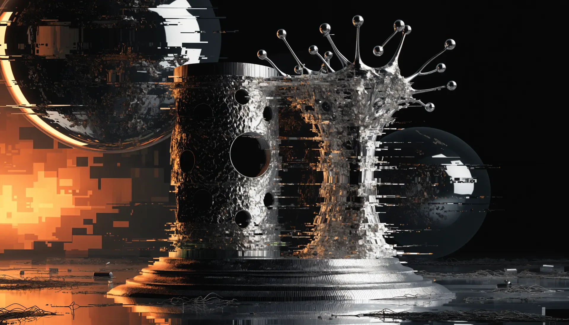 Abstract industrial-design metal sculpture with glitch distortions and reflective spheres, high-detail 4K Ultra HD PC desktop wallpaper and background.