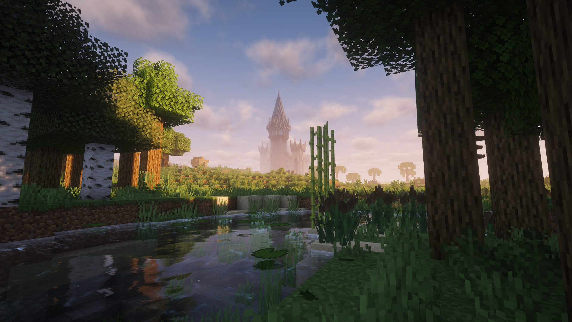 Minecraft landscape with shader lighting: serene river and reeds in foreground, sunlit birch and oak trees framing a distant stone castle — HD PC desktop wallpaper background.