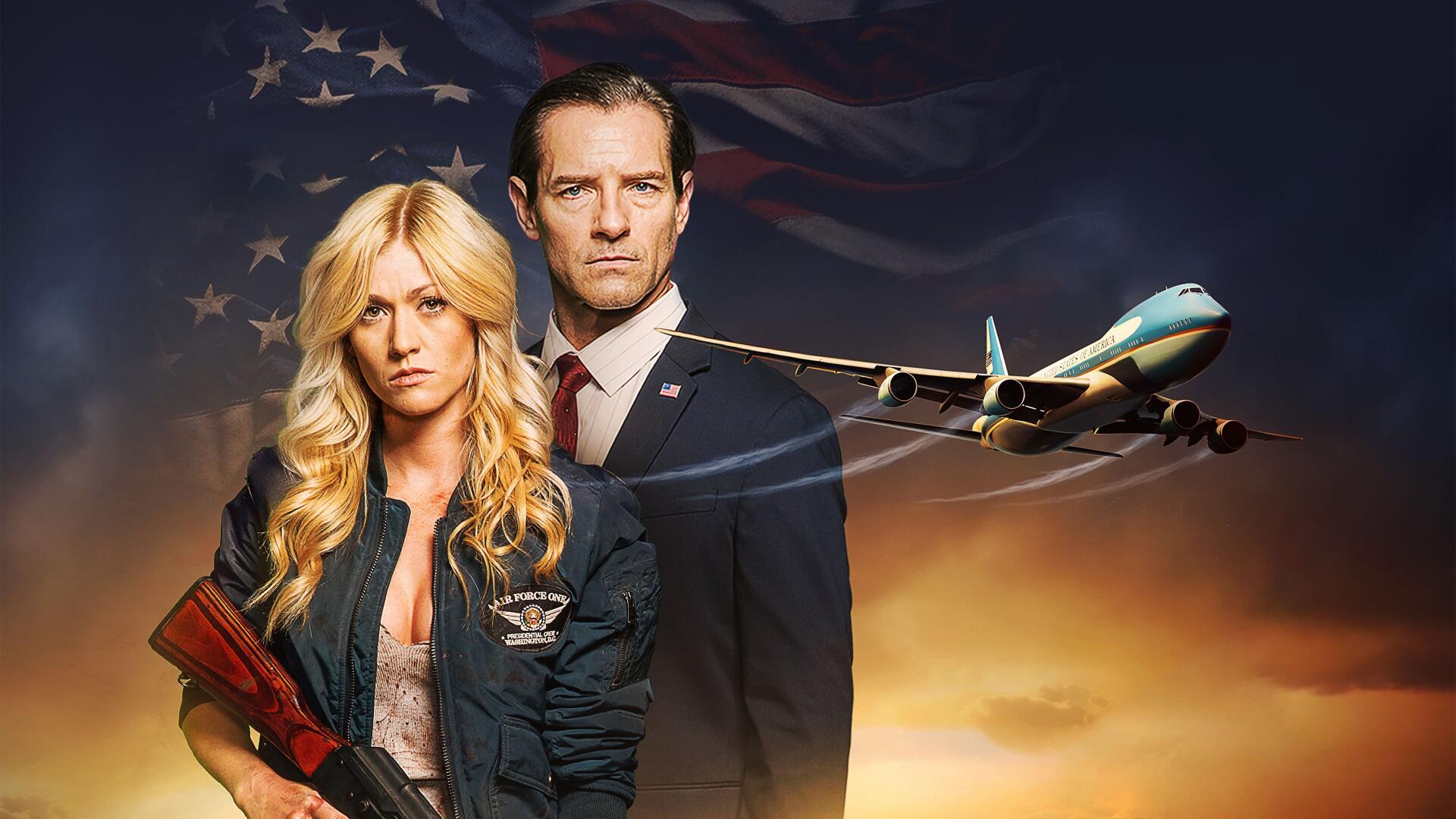 Air Force One 4K Ultra HD PC desktop wallpaper: jet soars past an American flag at dusk; a suited man and a woman holding a rifle stand in the foreground.