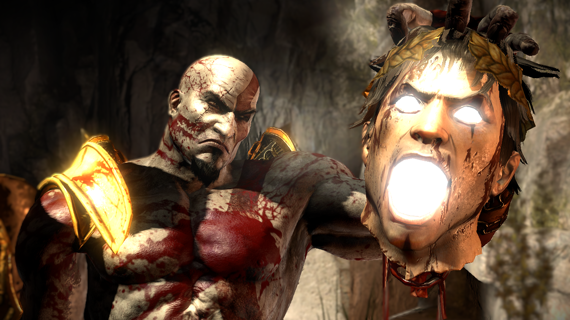 God of War III HD PC desktop wallpaper/background: Kratos, bloodied and armored, holding a glowing severed head against a dark, cavernous backdrop.