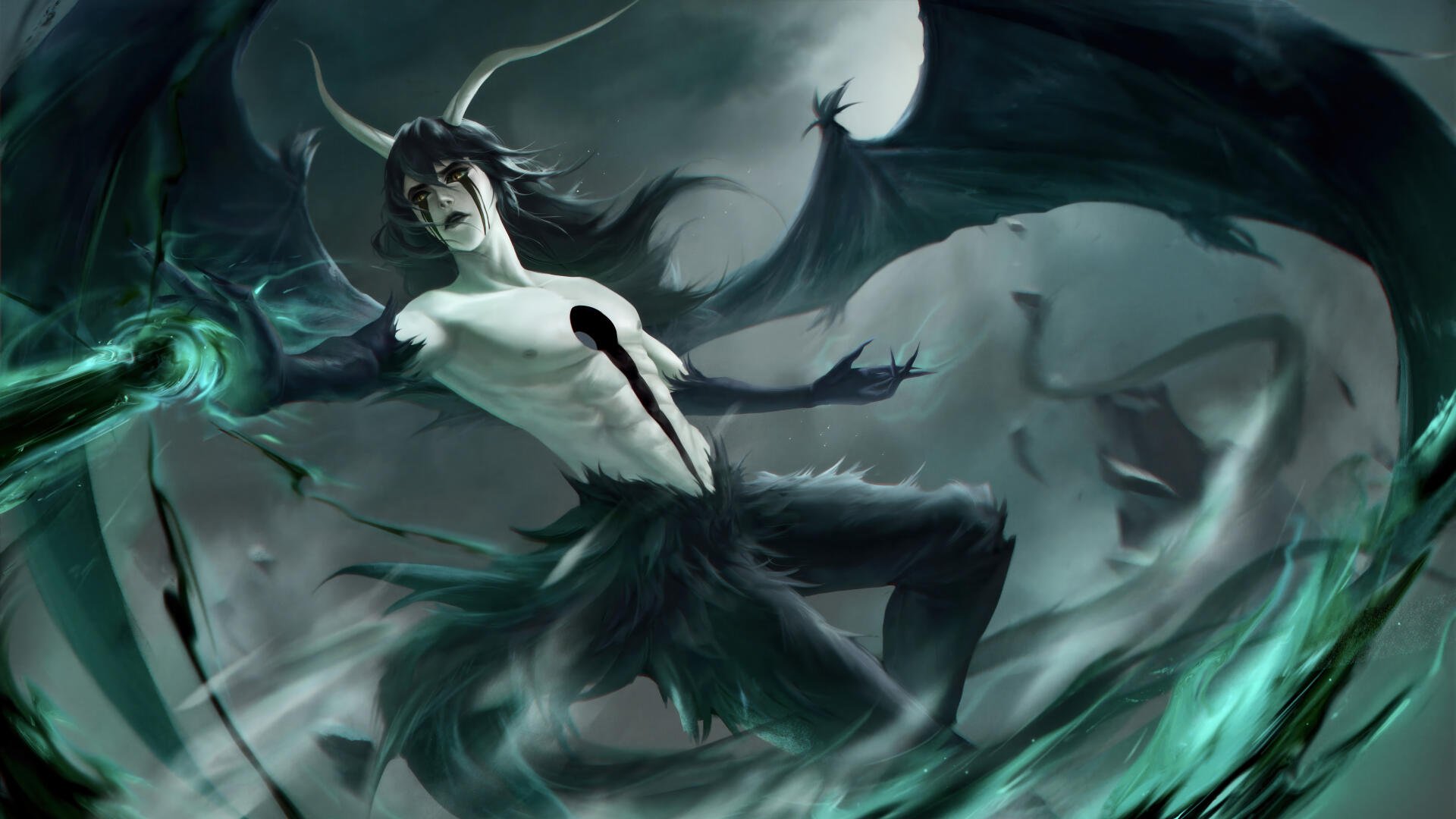 Bleach 8K Ultra HD PC desktop wallpaper: menacing Hollow-form warrior beneath a full moon, torn black cloak, horned mask and teal energy swirling around shadowy wings.