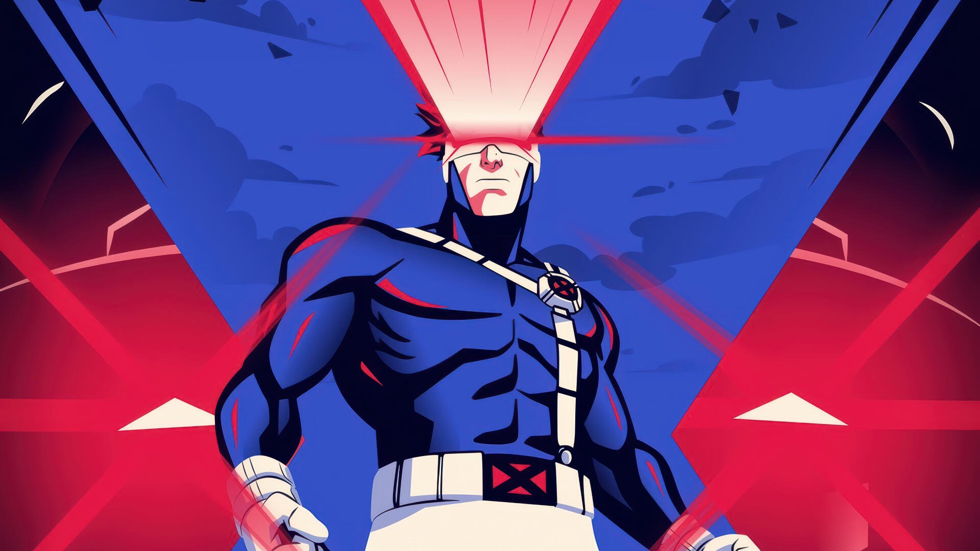 X-Men '97 Cyclops fires a red optic beam from his visor against a bold blue-and-red backdrop — 4K Ultra HD PC desktop wallpaper and background.