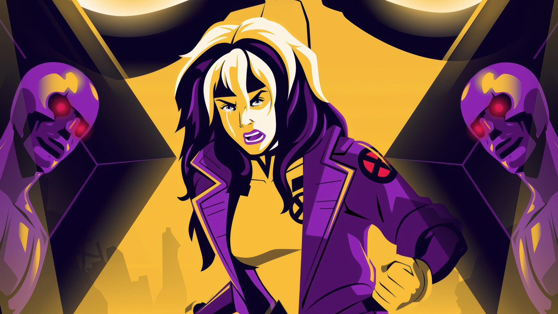 Rogue from X-Men '97 in a bold purple-and-gold illustration — 4K Ultra HD PC desktop wallpaper/background.