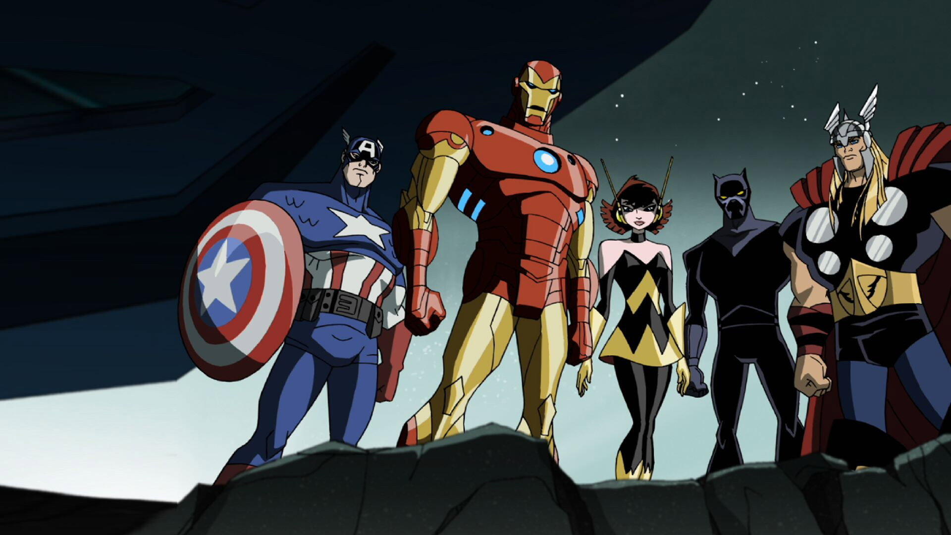 HD PC desktop wallpaper and background of The Avengers: Earth's Mightiest Heroes — animated Iron Man, Captain America, Wasp, Black Panther and Thor standing ready.