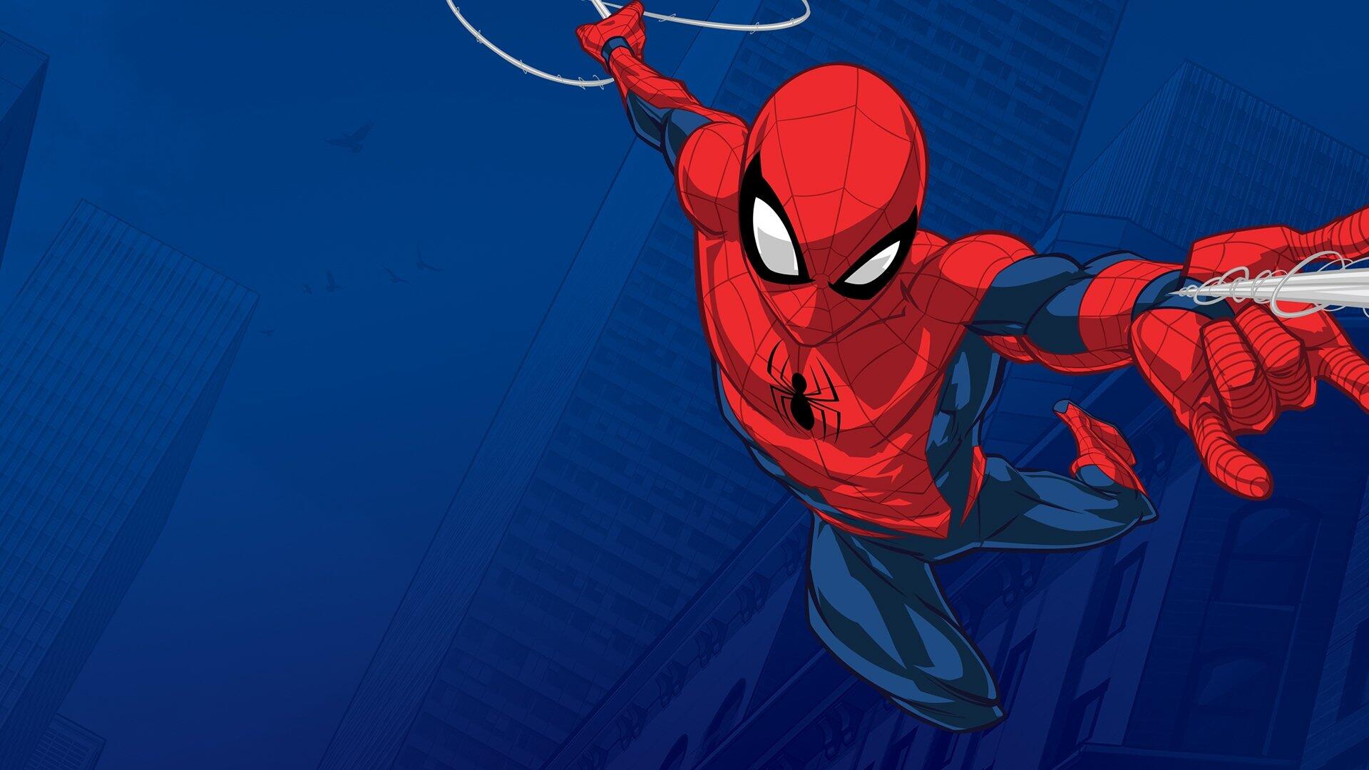 Marvel's Spider-Man swinging toward the viewer over a deep blue backdrop — HD PC desktop wallpaper and background.
