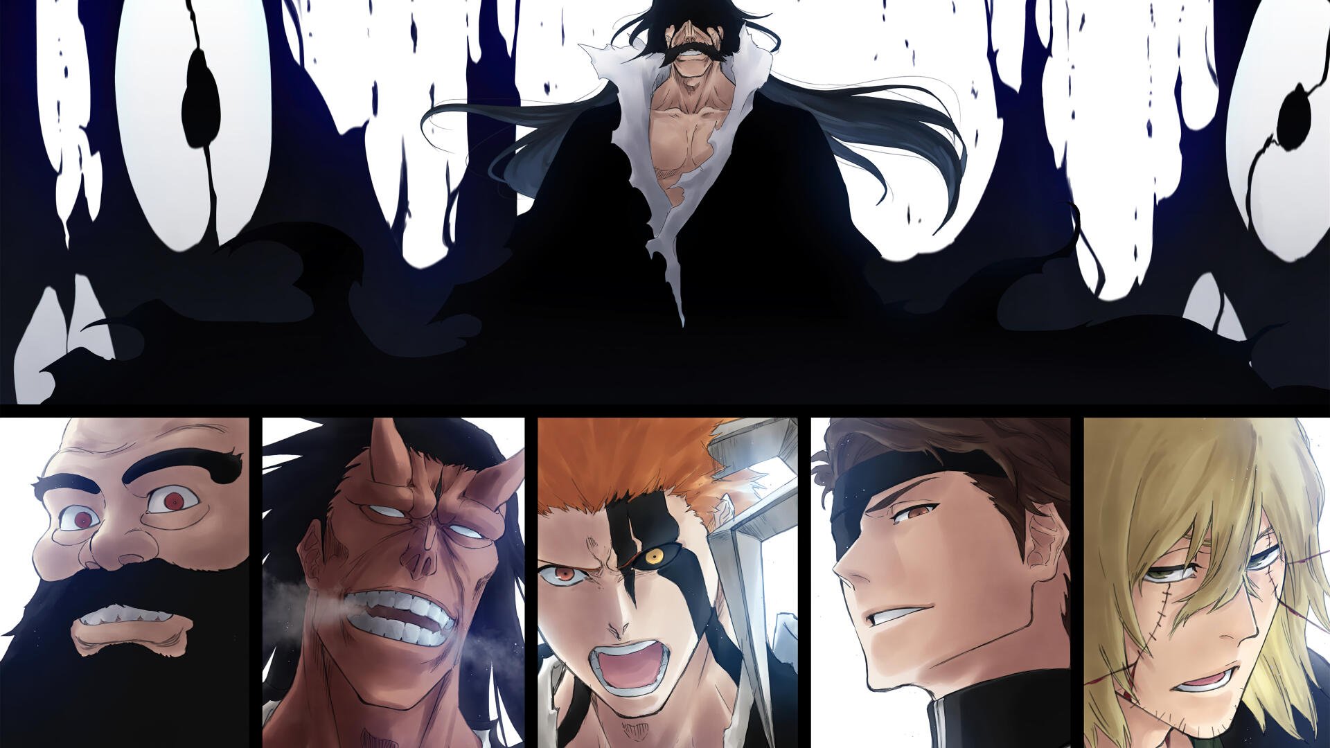Bleach: Thousand-Year Blood War 4K Ultra HD PC wallpaper — dramatic montage with a towering dark figure above and six close-up character portraits below, all with intense expressions and shadowed tones.