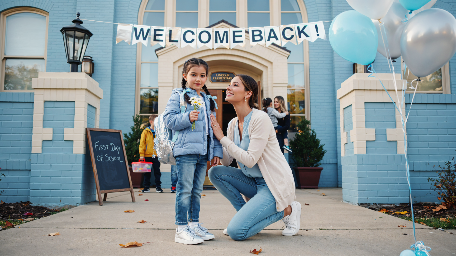 4K Ultra HD PC desktop wallpaper/background of a family moment: mother kneeling with her daughter on her first day of school outside a blue school building with a Welcome Back banner and balloons.