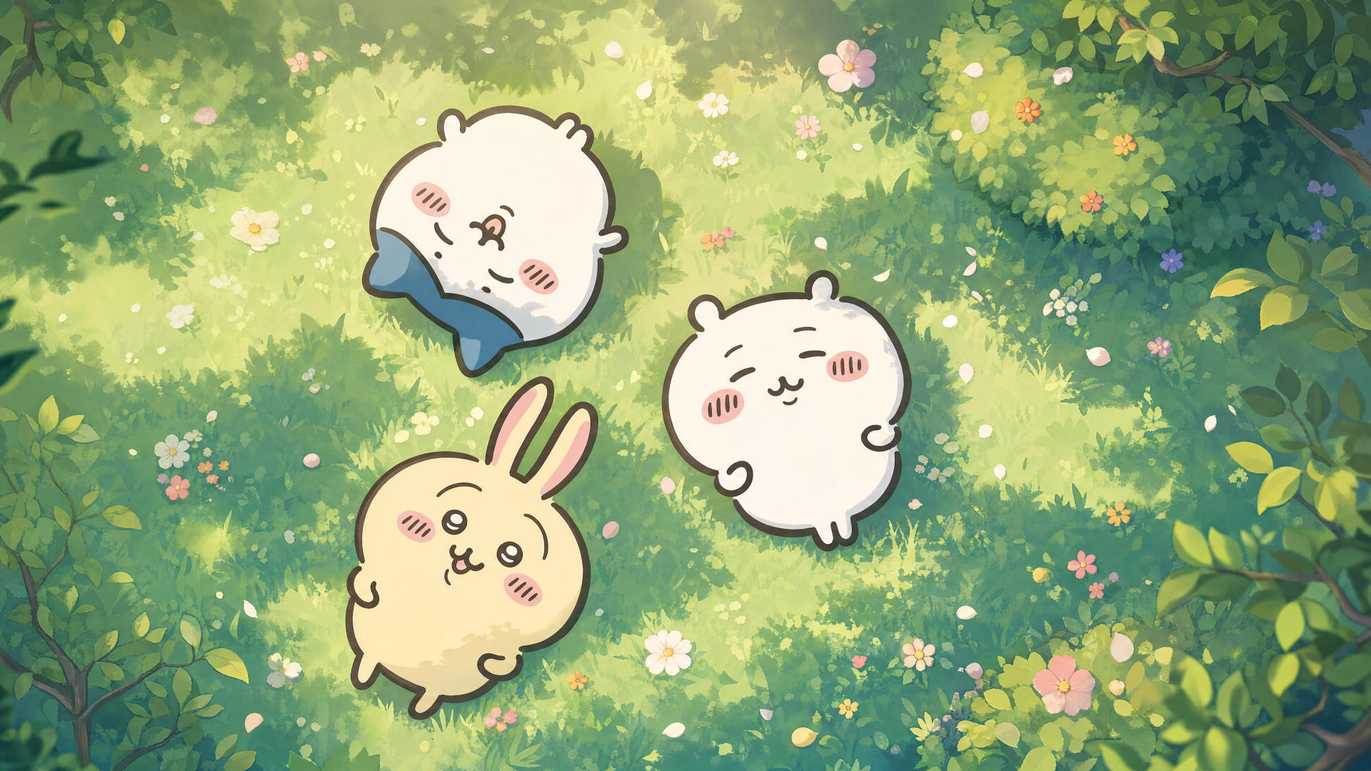 Chiikawa trio resting on a sun-dappled grassy meadow with flowers — 4K Ultra HD PC desktop wallpaper and background.