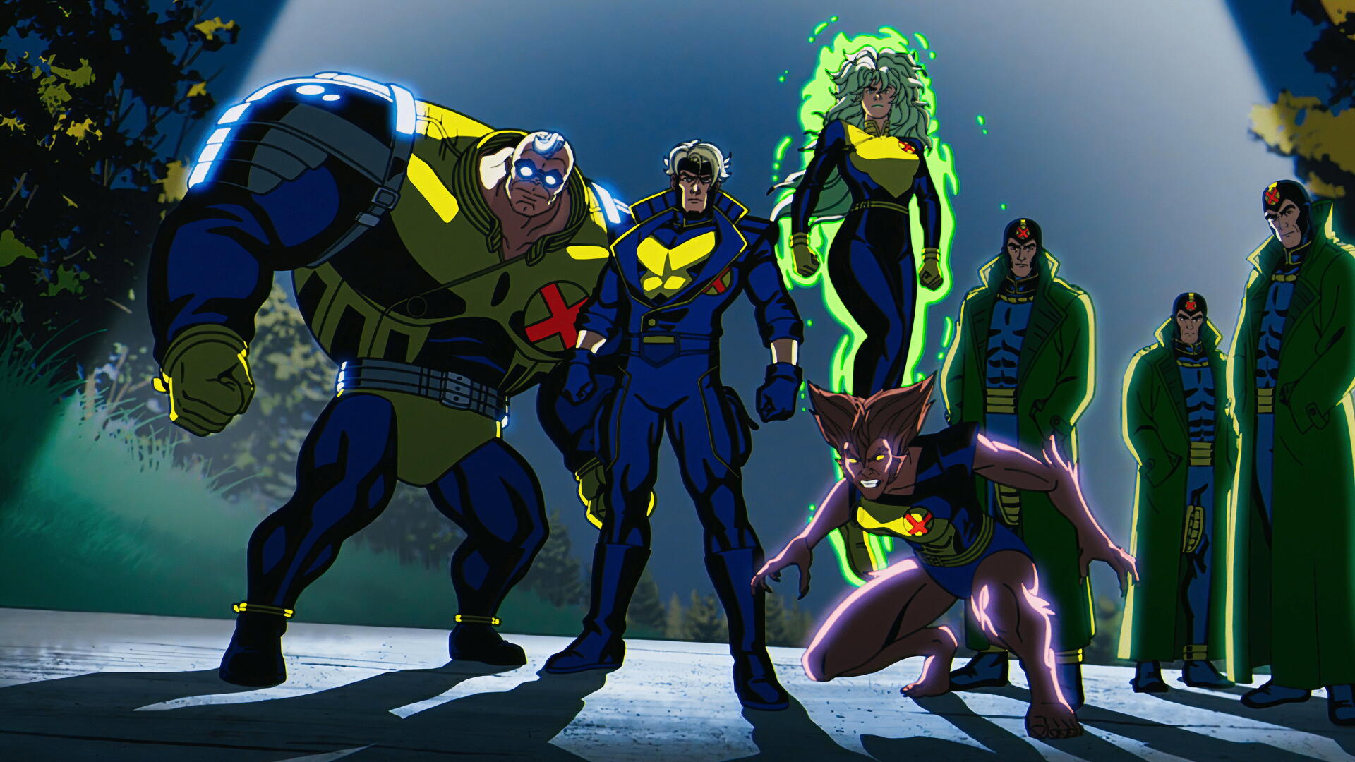 X-Men '97 animated team poses under a spotlight—heroes in blue and green suits, one crouching—4K Ultra HD PC desktop wallpaper/background.
