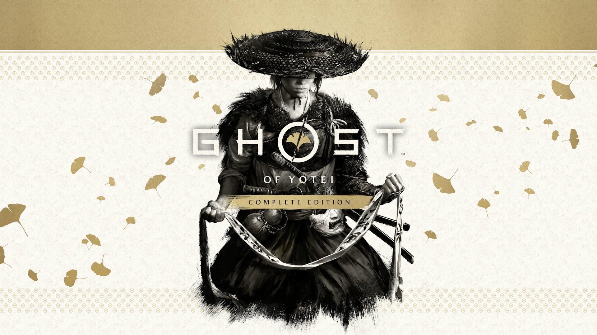 Video game HD PC desktop wallpaper of Ghost of Yōtei: lone samurai in a straw hat holding a curved sword, rendered in monochrome ink with gold leaf flecks and the game's title centered.