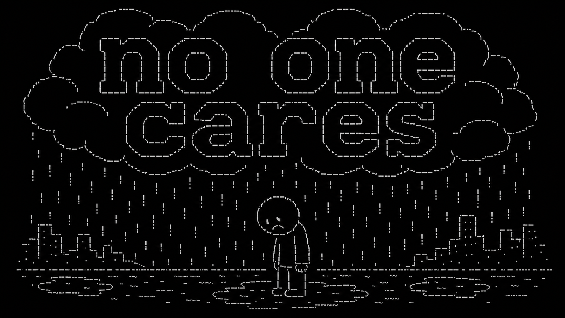 4K Ultra HD PC desktop wallpaper: lone figure stands in rain under a no one cares cloud above a silhouetted city, evoking deep, quiet sadness.