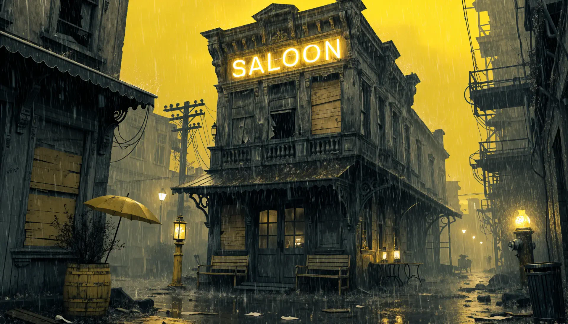 4K Ultra HD PC desktop wallpaper: rain-drenched western saloon — an old weathered wooden building with a glowing SALOON sign on a yellow, wet street.