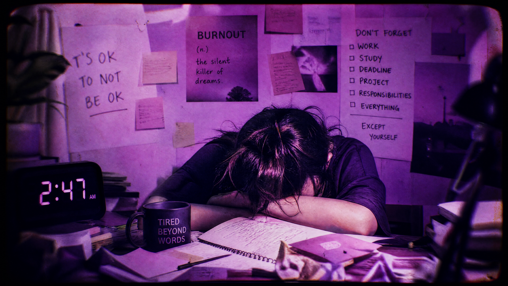 Burnt-out student slumped over a cluttered study desk at 2:47, surrounded by notes and a it's ok to not be ok sign — 4K Ultra HD PC desktop wallpaper conveying study burnout.