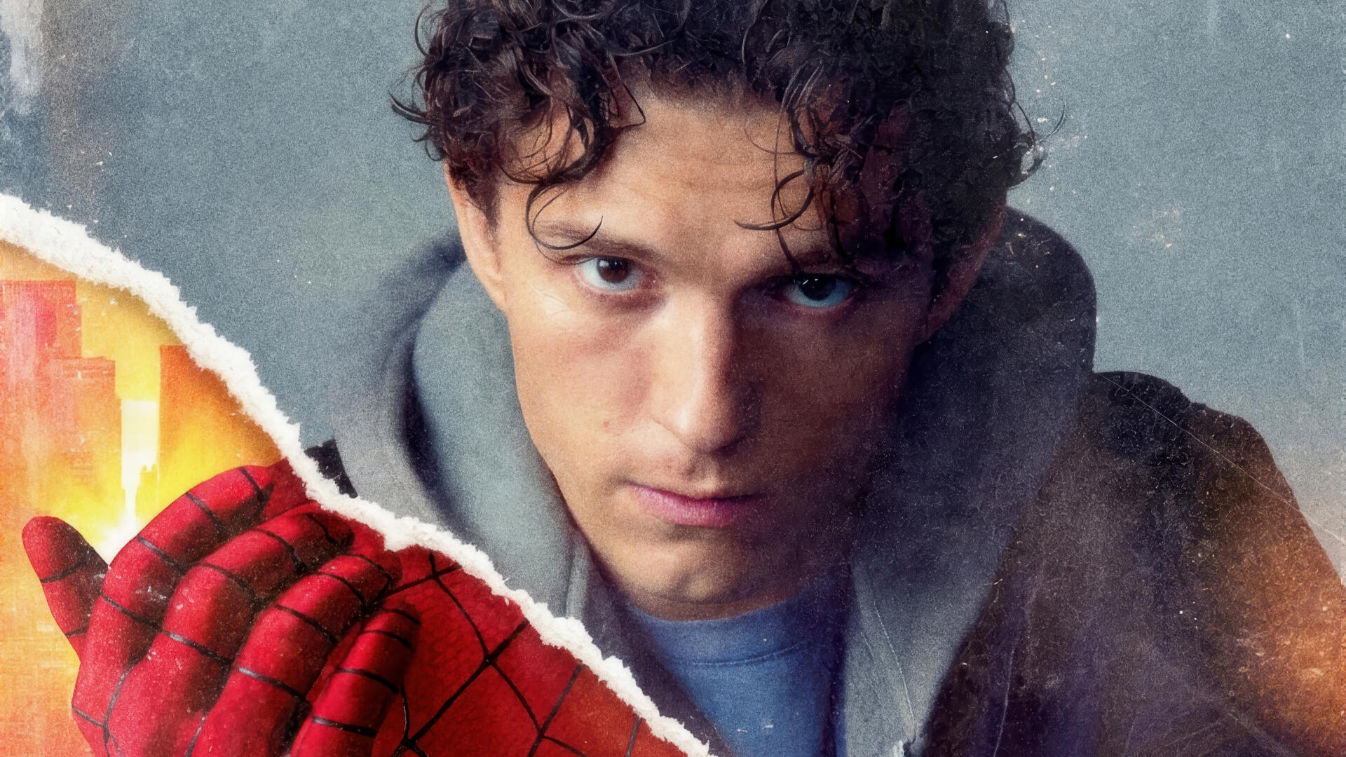 4K Ultra HD PC desktop wallpaper: split portrait of Spider-Man mask and an unmasked young man, cinematic close-up evoking Spider-Man: Brand New Day.