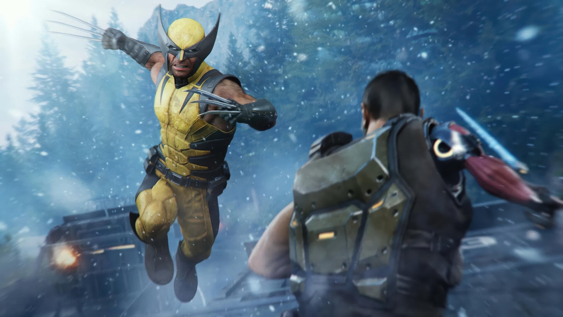 Marvel's Wolverine (X-Men) lunges through snow with claws out toward an armed opponent — dynamic 4K Ultra HD PC desktop wallpaper/background.