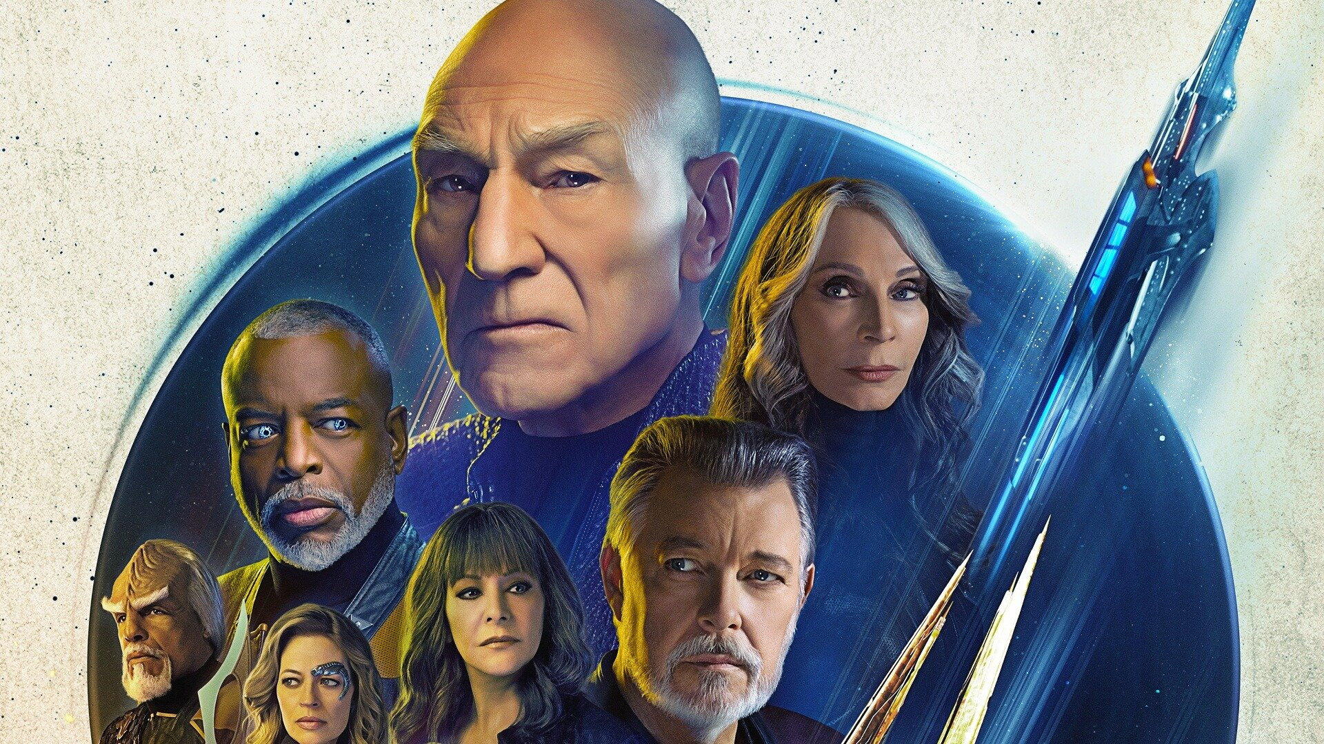Star Trek: Picard HD PC desktop wallpaper showing the crew clustered before a starship and starry cosmic backdrop, lit with dramatic highlights and cool blue tones.