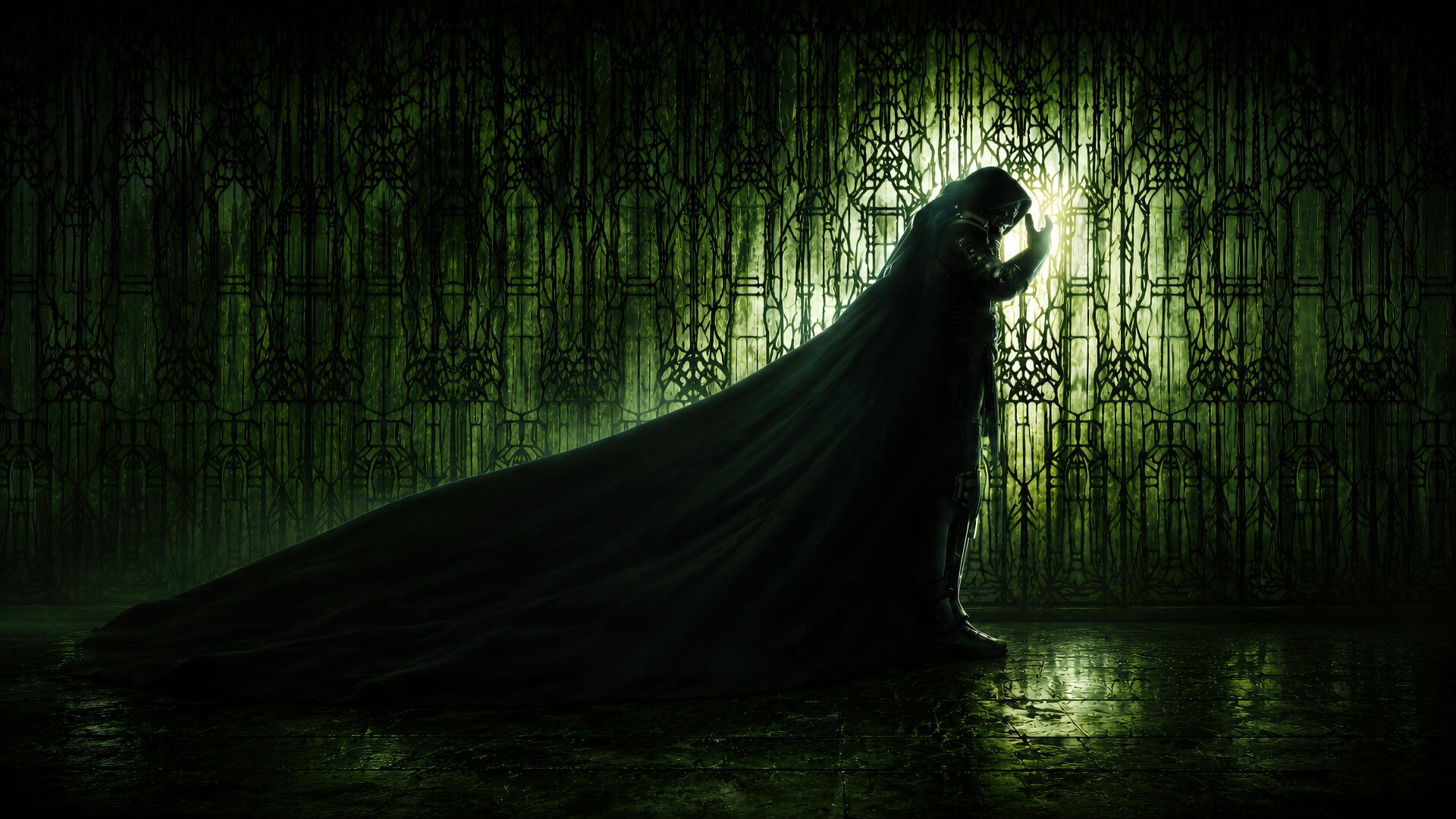 Avengers: Doomsday 4K Ultra HD PC desktop wallpaper — cloaked antagonist silhouetted against a glowing green, circuit-like wall, cape trailing across a reflective floor.